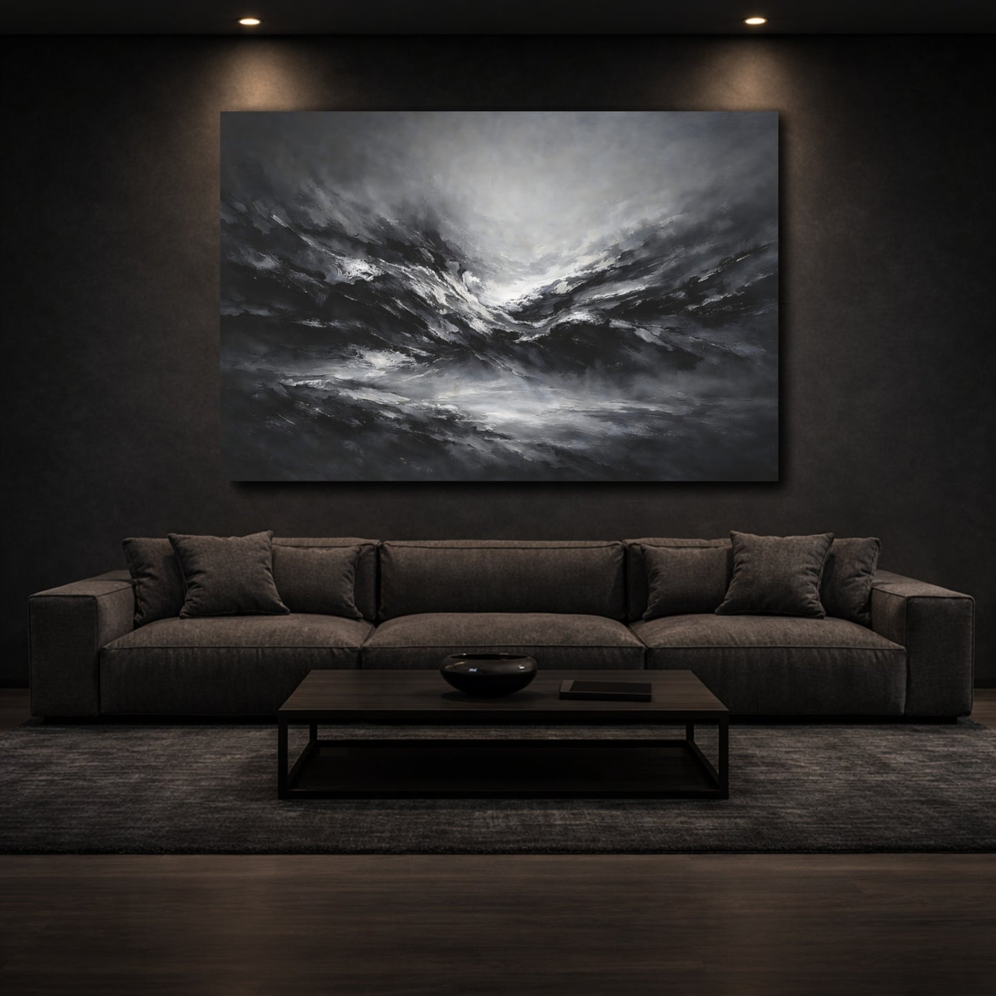 Mockup 2. Abstract Abstract Waves Black And White Abstract shown as stretched canvas wall art