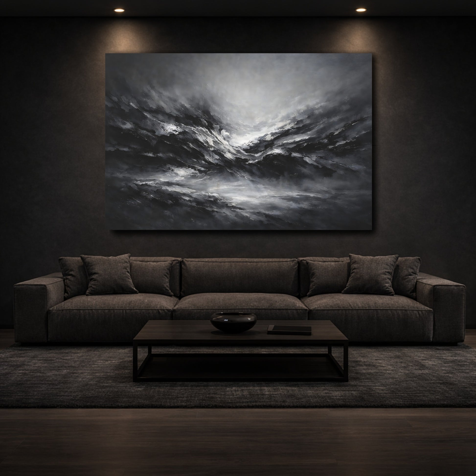 Mockup 2. Abstract Abstract Waves Black And White Abstract shown as stretched canvas wall art