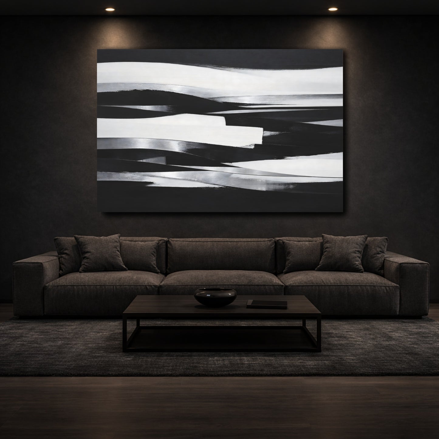 Mockup 2. Abstract Abstract Waves Black And White Abstract shown as stretched canvas wall art