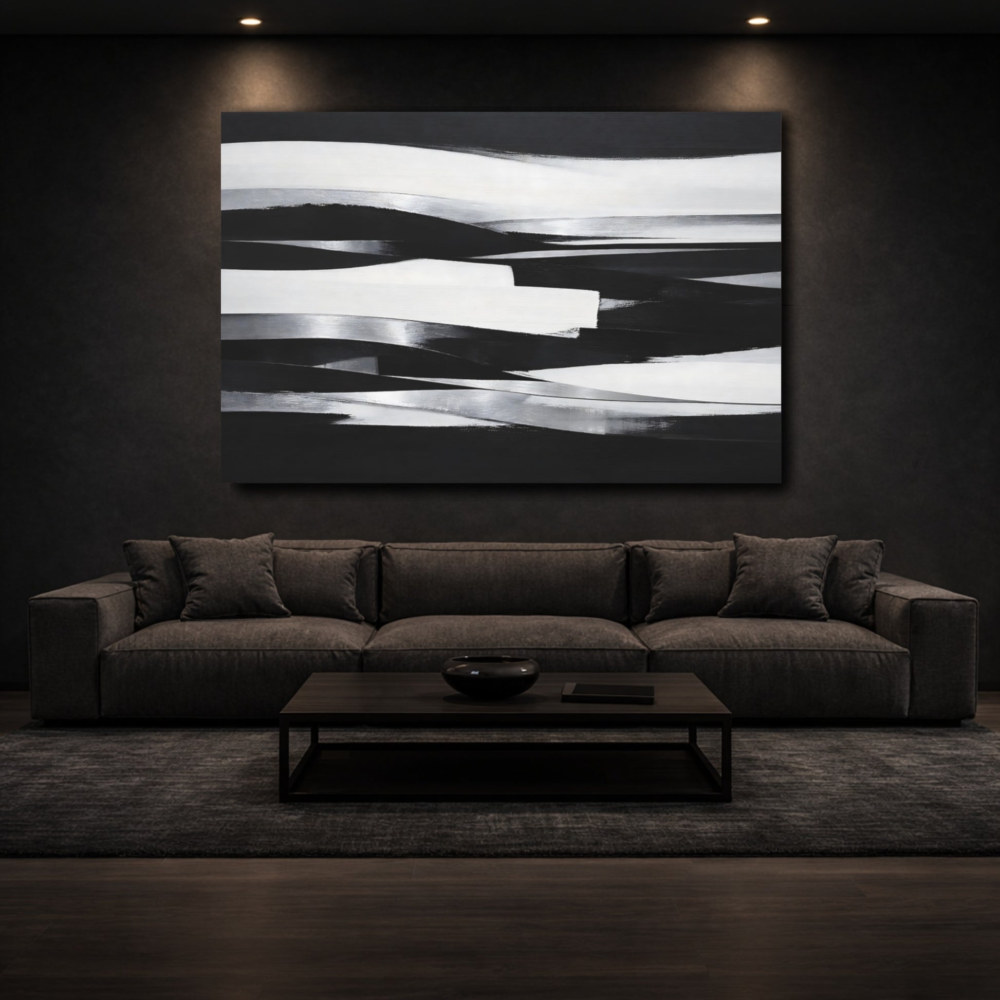Mockup 2. Abstract Abstract Waves Black And White Abstract shown as stretched canvas wall art