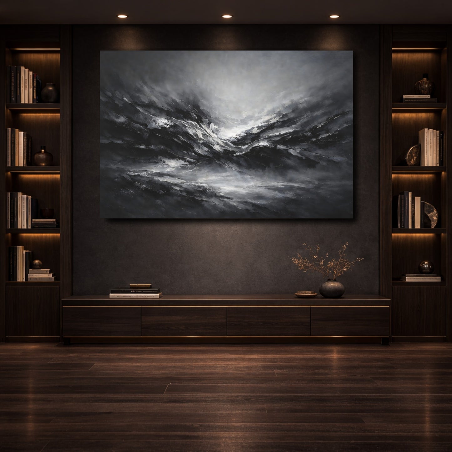 Mockup 3. Abstract Abstract Waves Black And White Abstract shown as stretched canvas wall art