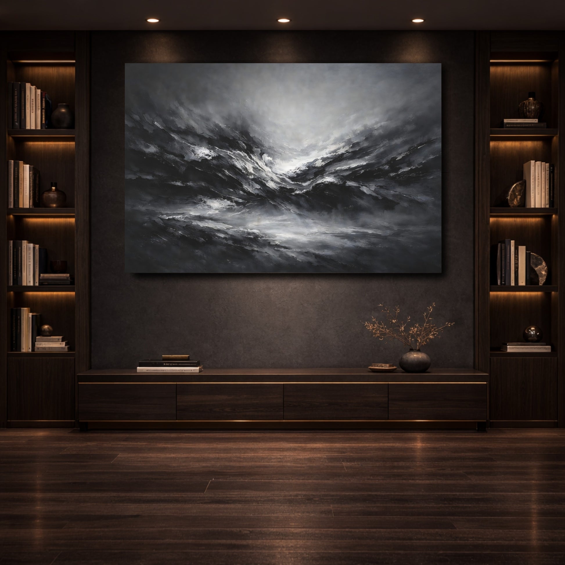 Mockup 3. Abstract Abstract Waves Black And White Abstract shown as stretched canvas wall art