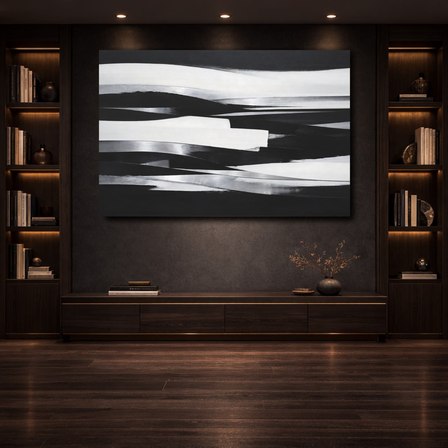 Mockup 3. Abstract Abstract Waves Black And White Abstract shown as stretched canvas wall art