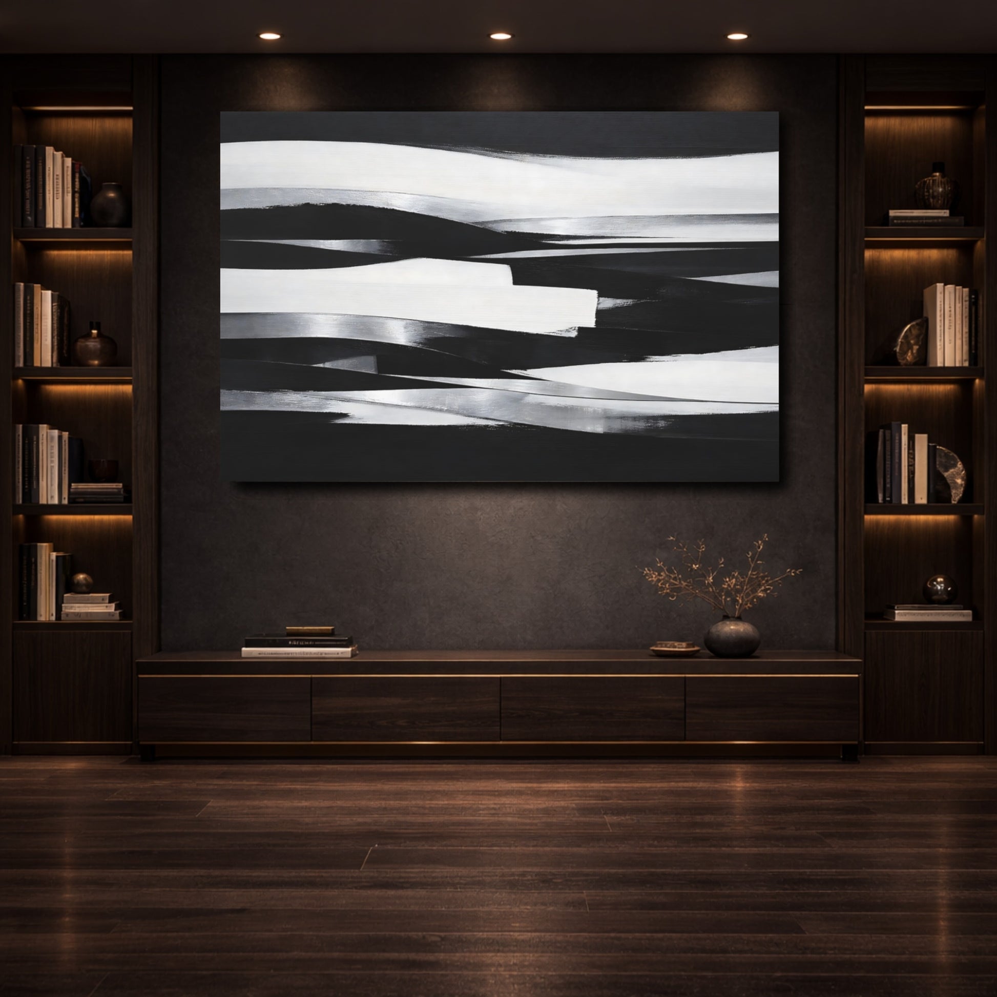 Mockup 3. Abstract Abstract Waves Black And White Abstract shown as stretched canvas wall art