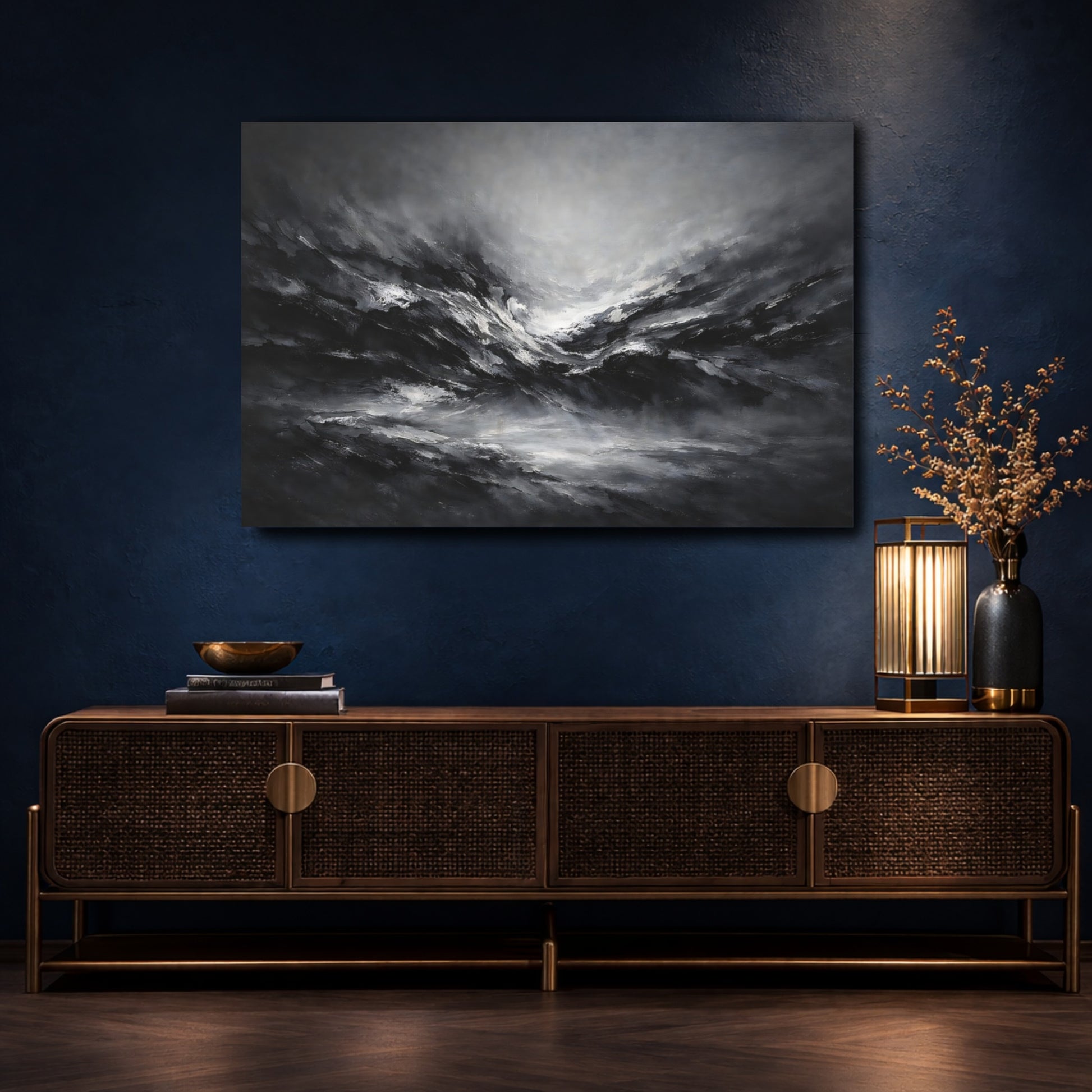 Mockup 4. Abstract Abstract Waves Black And White Abstract shown as stretched canvas wall art