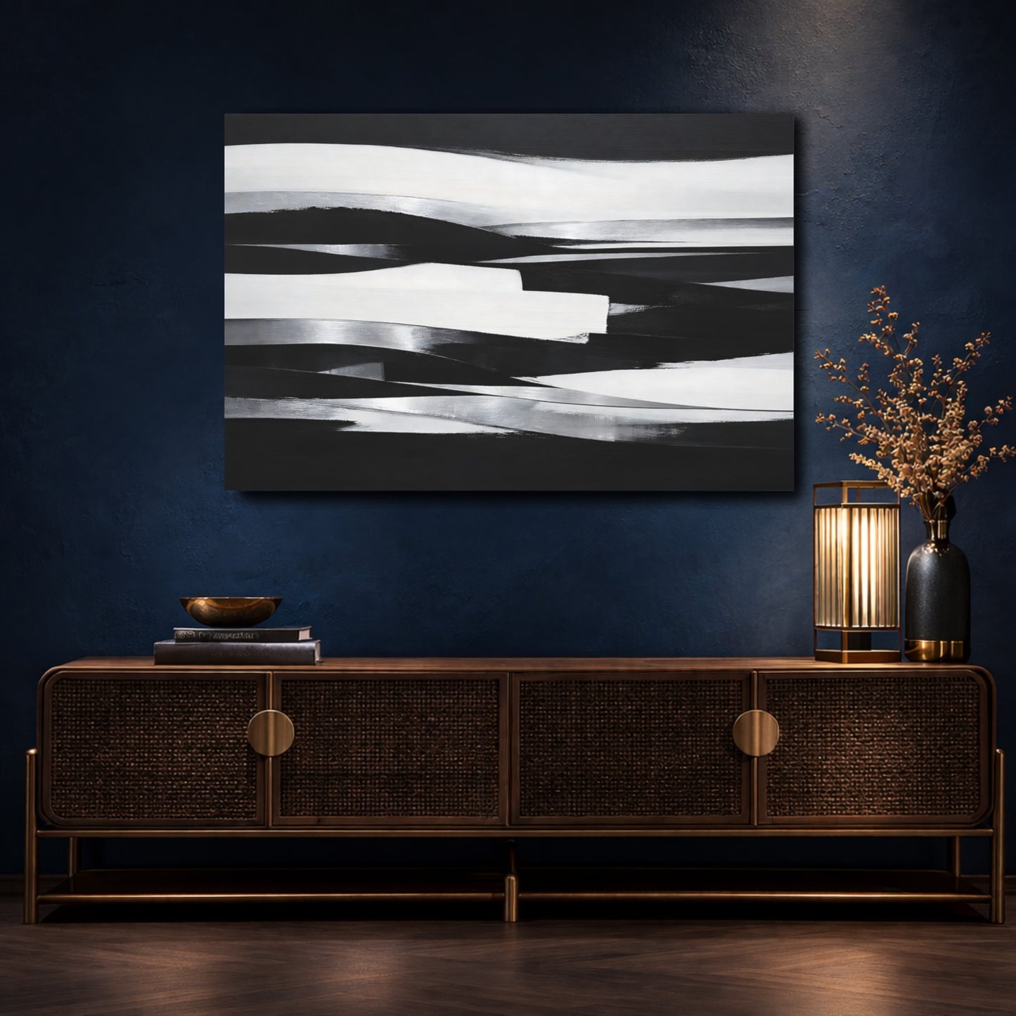 Mockup 4. Abstract Abstract Waves Black And White Abstract shown as stretched canvas wall art