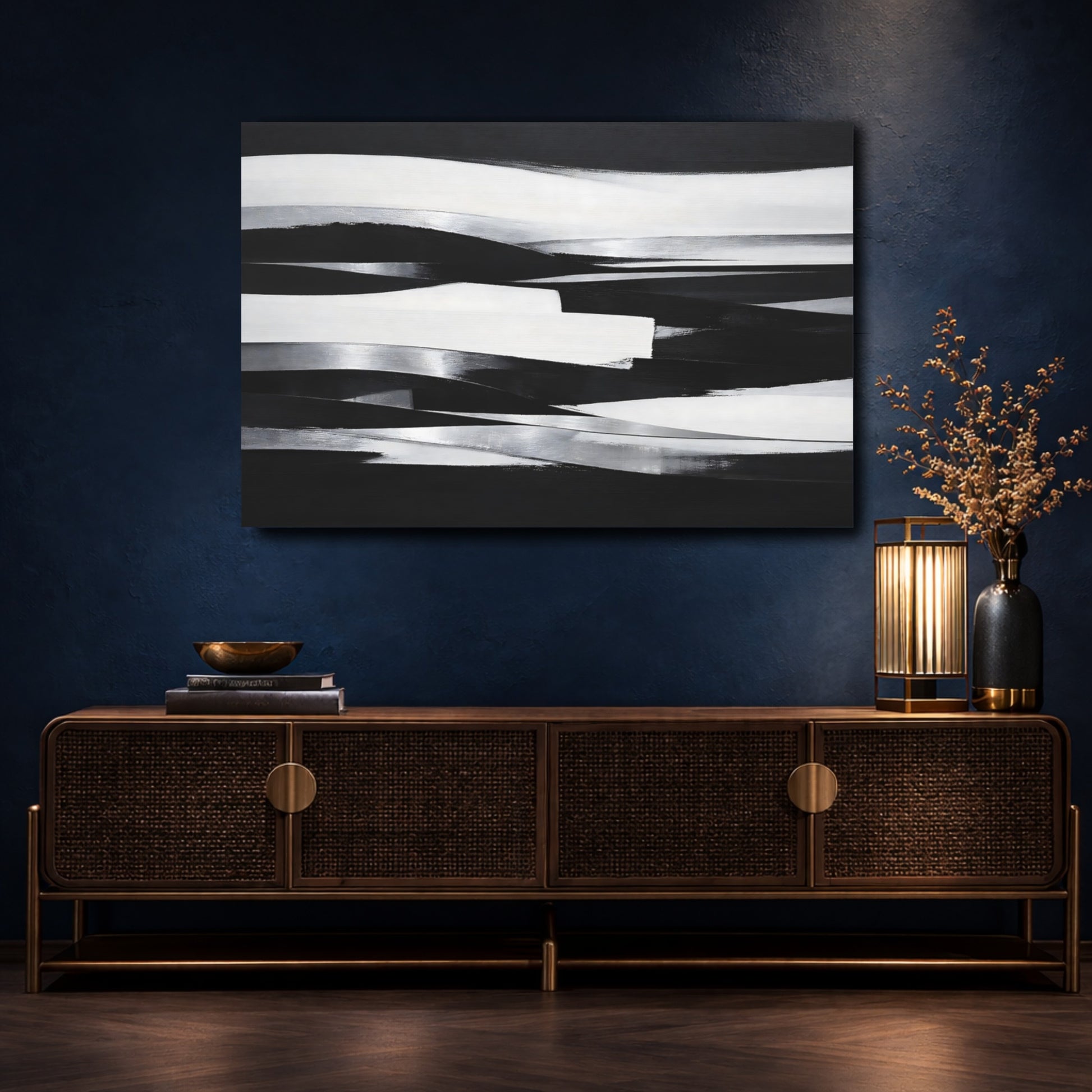 Mockup 4. Abstract Abstract Waves Black And White Abstract shown as stretched canvas wall art