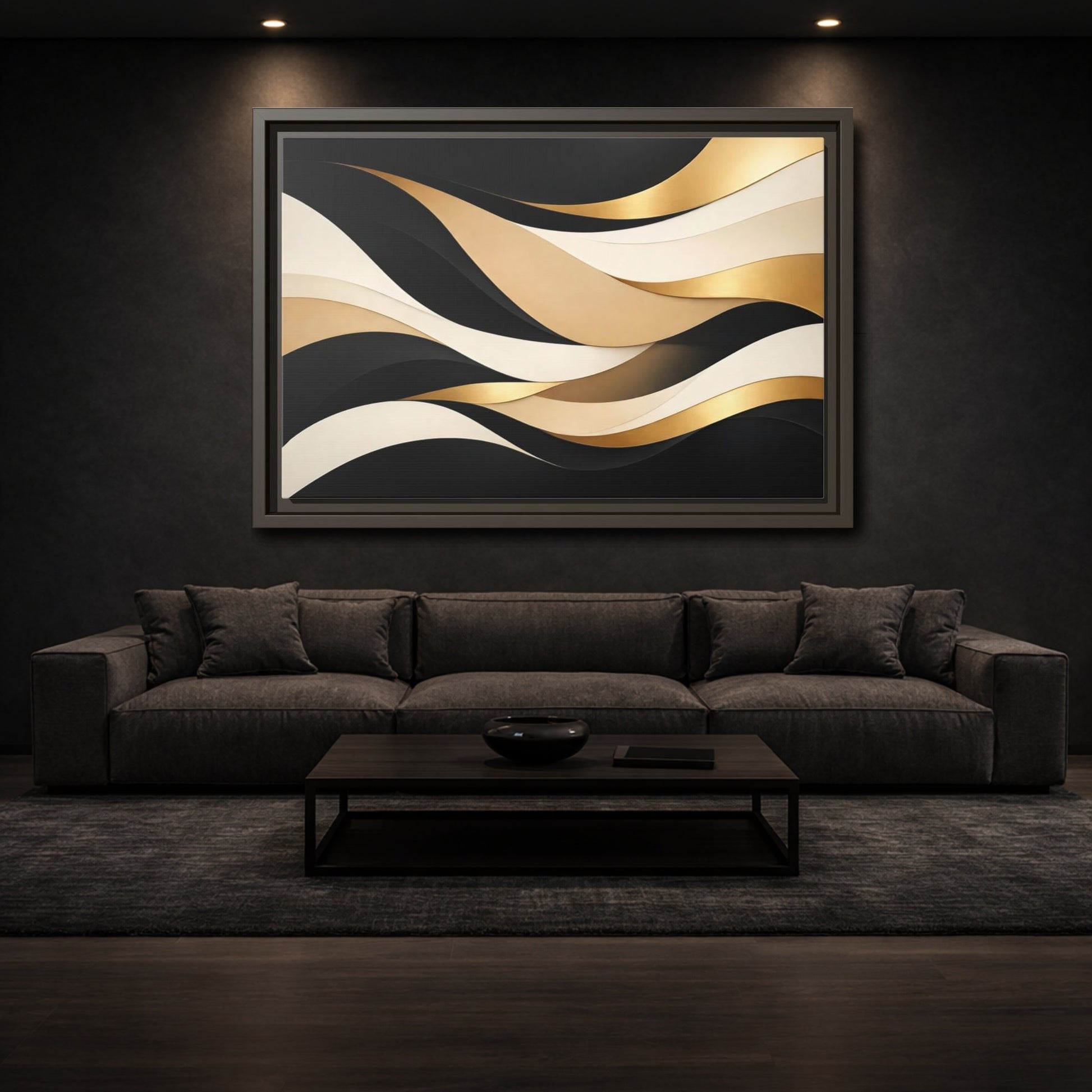 Mockup 2. Abstract Abstract Waves Black Gold Waves shown as stretched canvas wall art