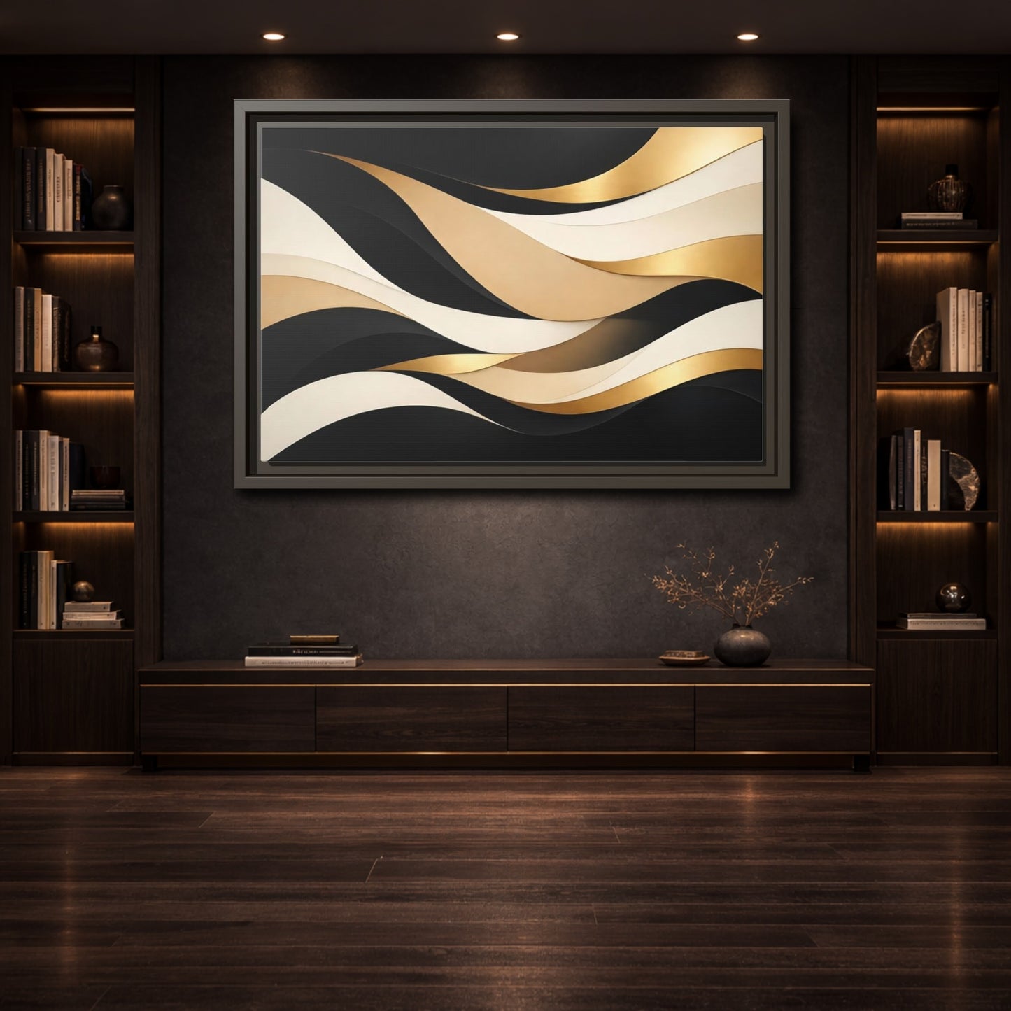 Mockup 3. Abstract Abstract Waves Black Gold Waves shown as stretched canvas wall art