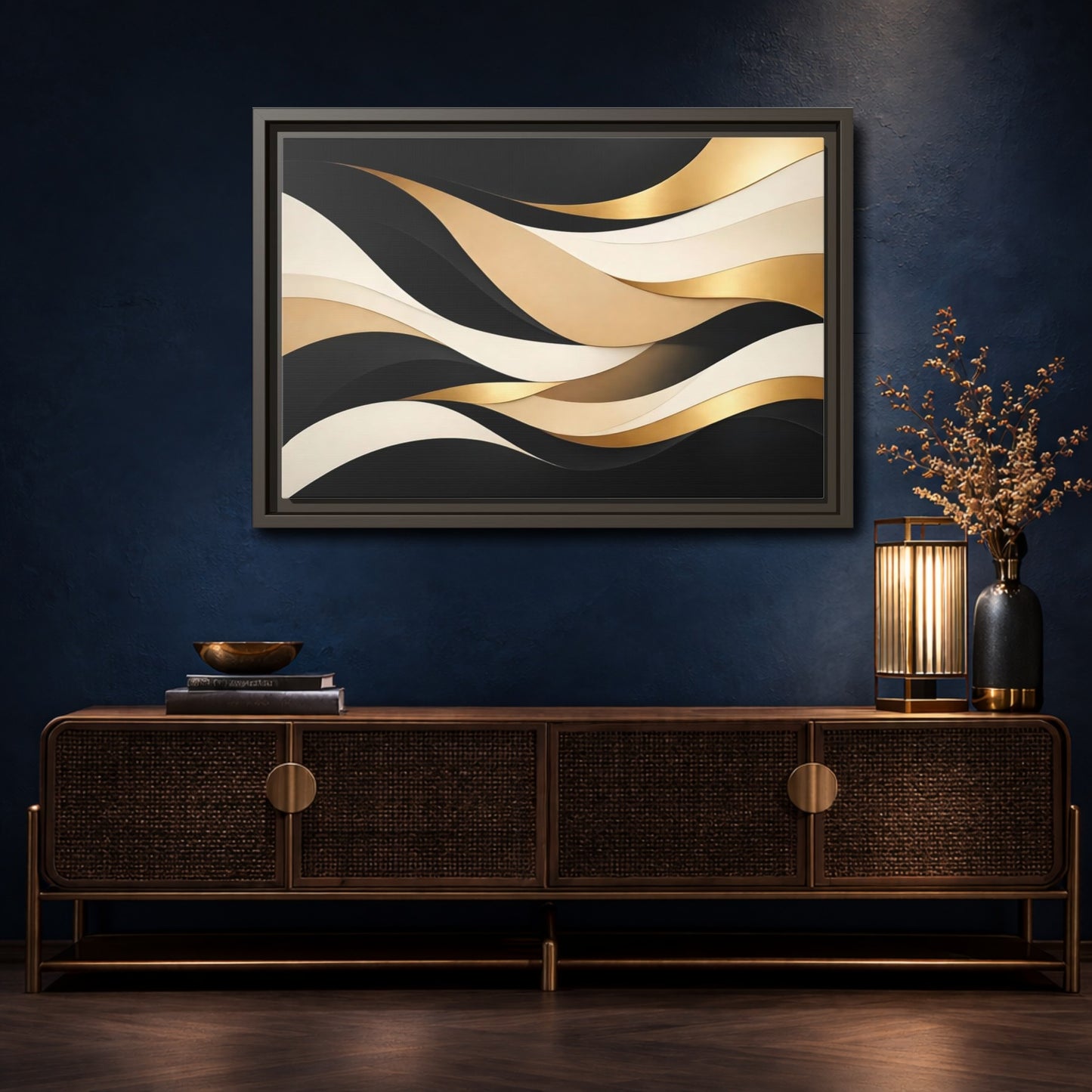 Mockup 4. Abstract Abstract Waves Black Gold Waves shown as stretched canvas wall art