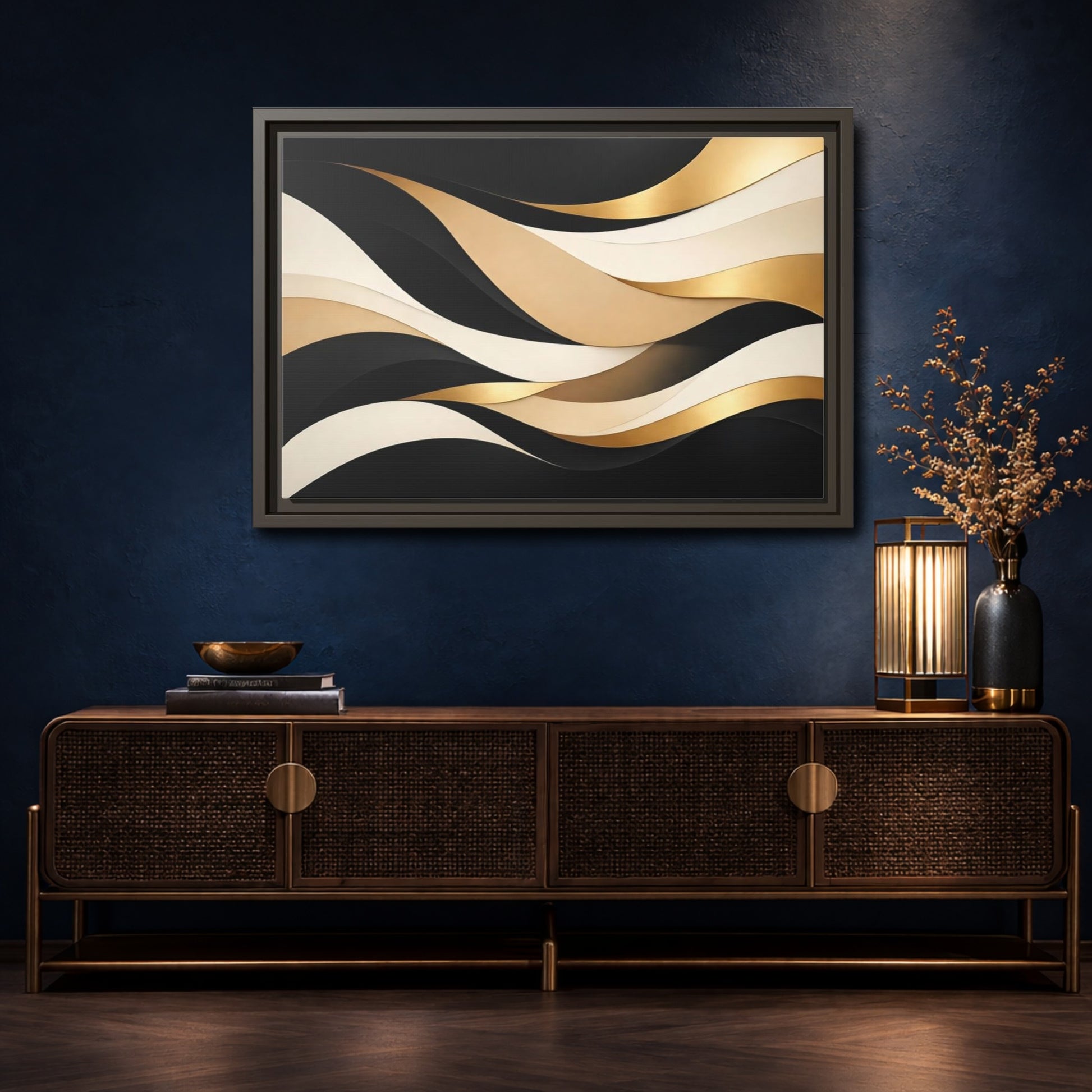 Mockup 4. Abstract Abstract Waves Black Gold Waves shown as stretched canvas wall art