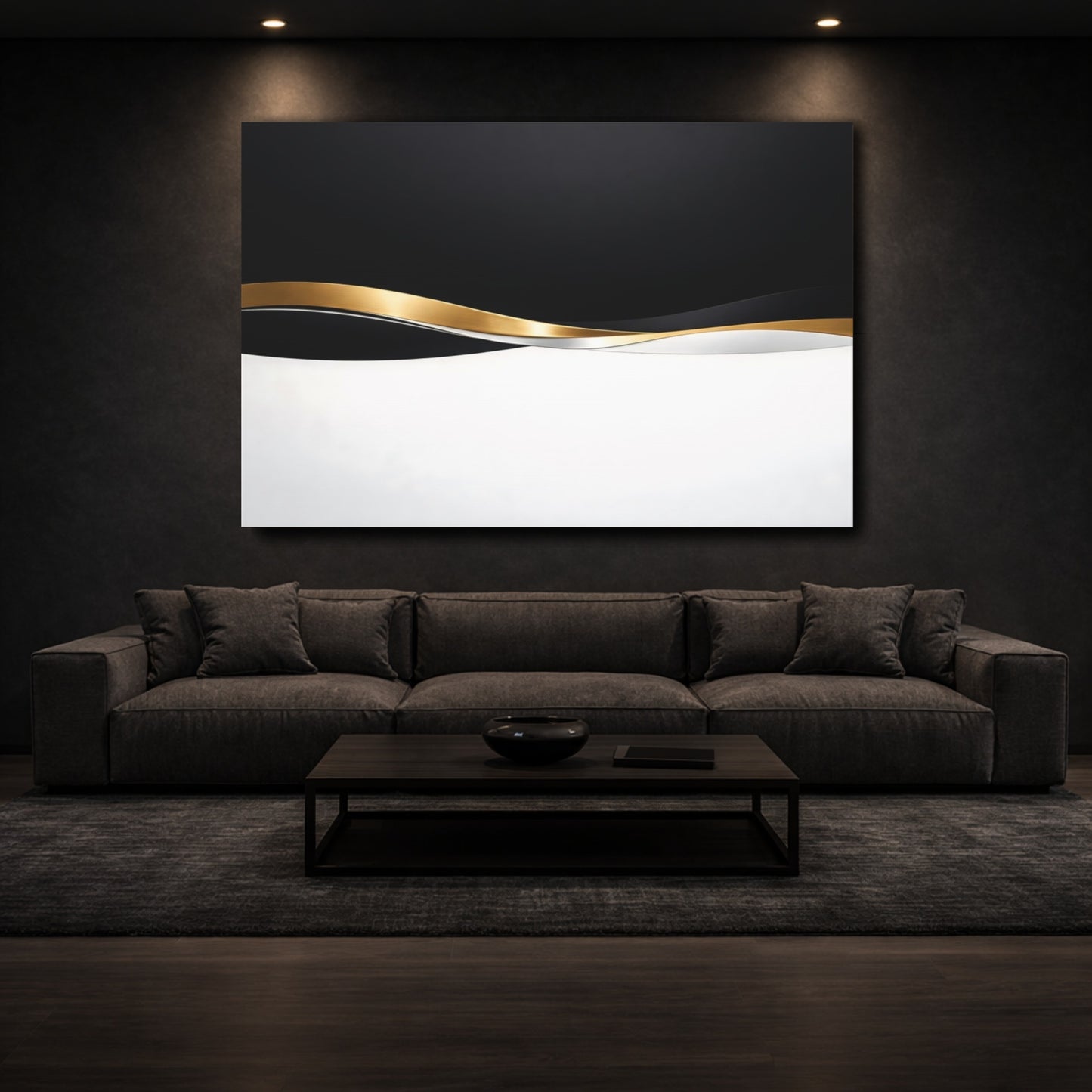Mockup 2. Abstract Abstract Waves Black White Gold shown as stretched canvas wall art