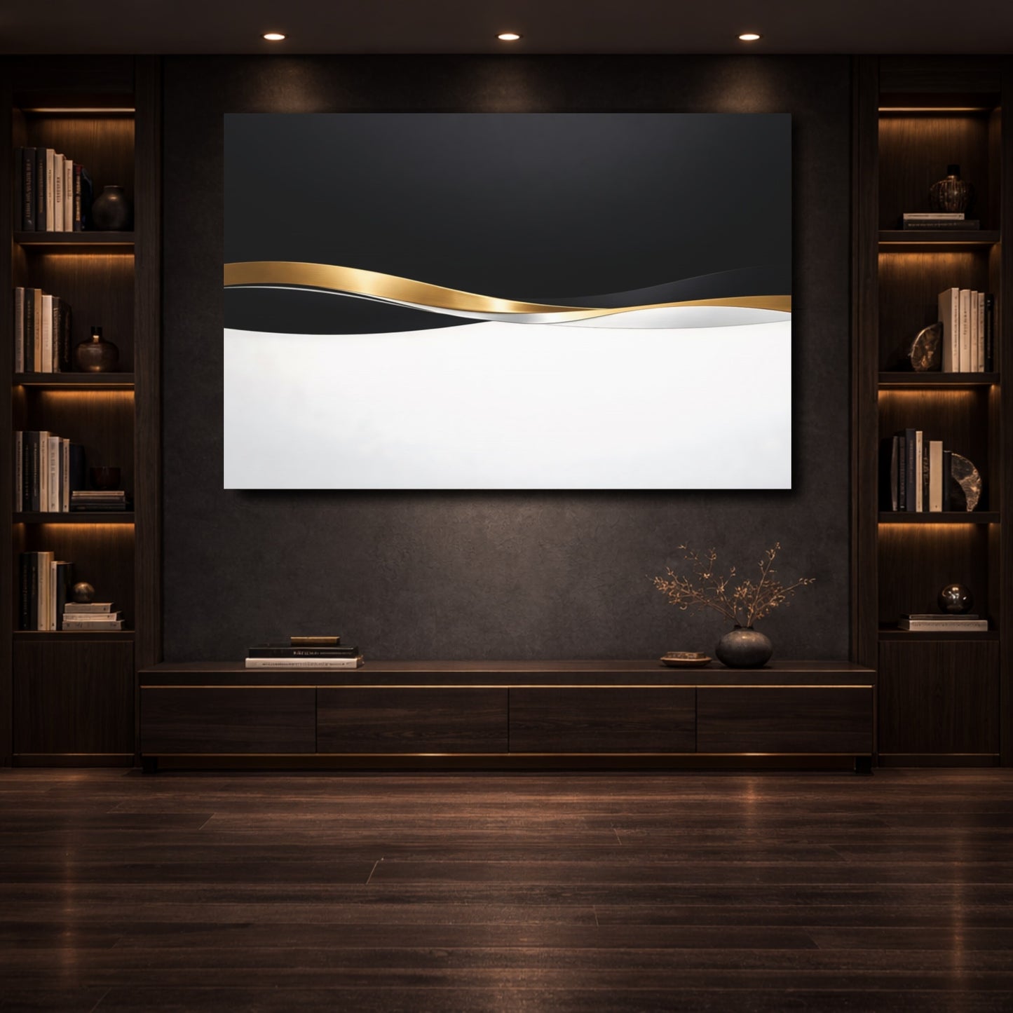 Mockup 3. Abstract Abstract Waves Black White Gold shown as stretched canvas wall art