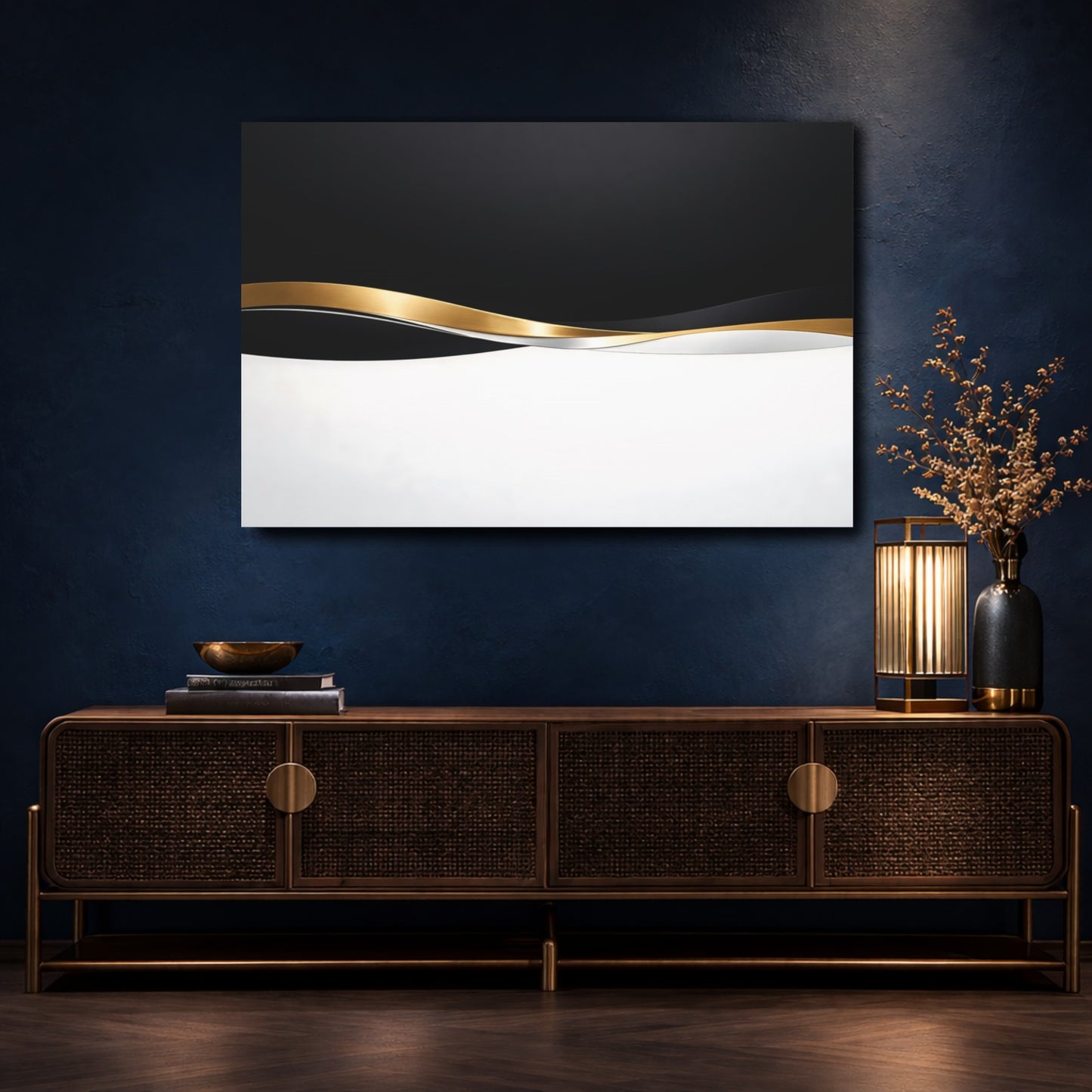 Mockup 4. Abstract Abstract Waves Black White Gold shown as stretched canvas wall art