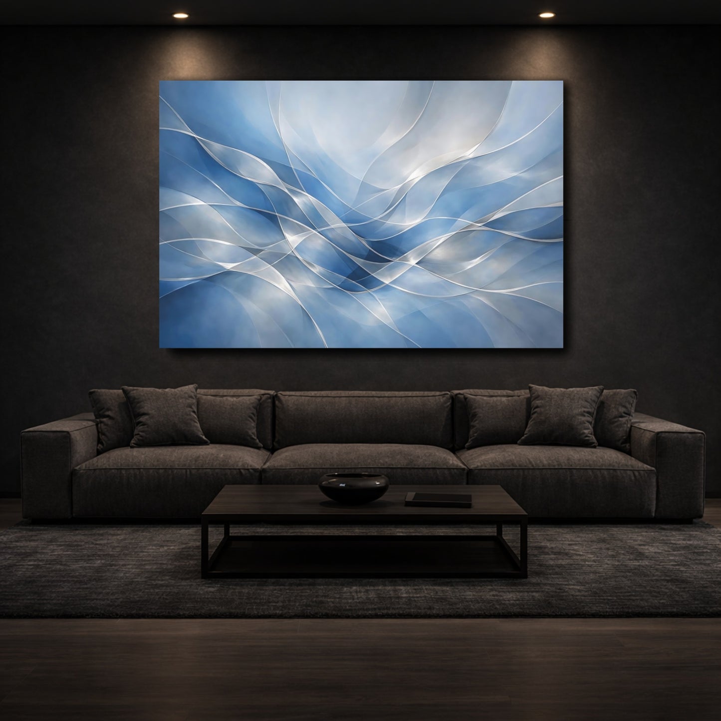 Mockup 2. Abstract Abstract Waves Blue Abstract Waves shown as stretched canvas wall art
