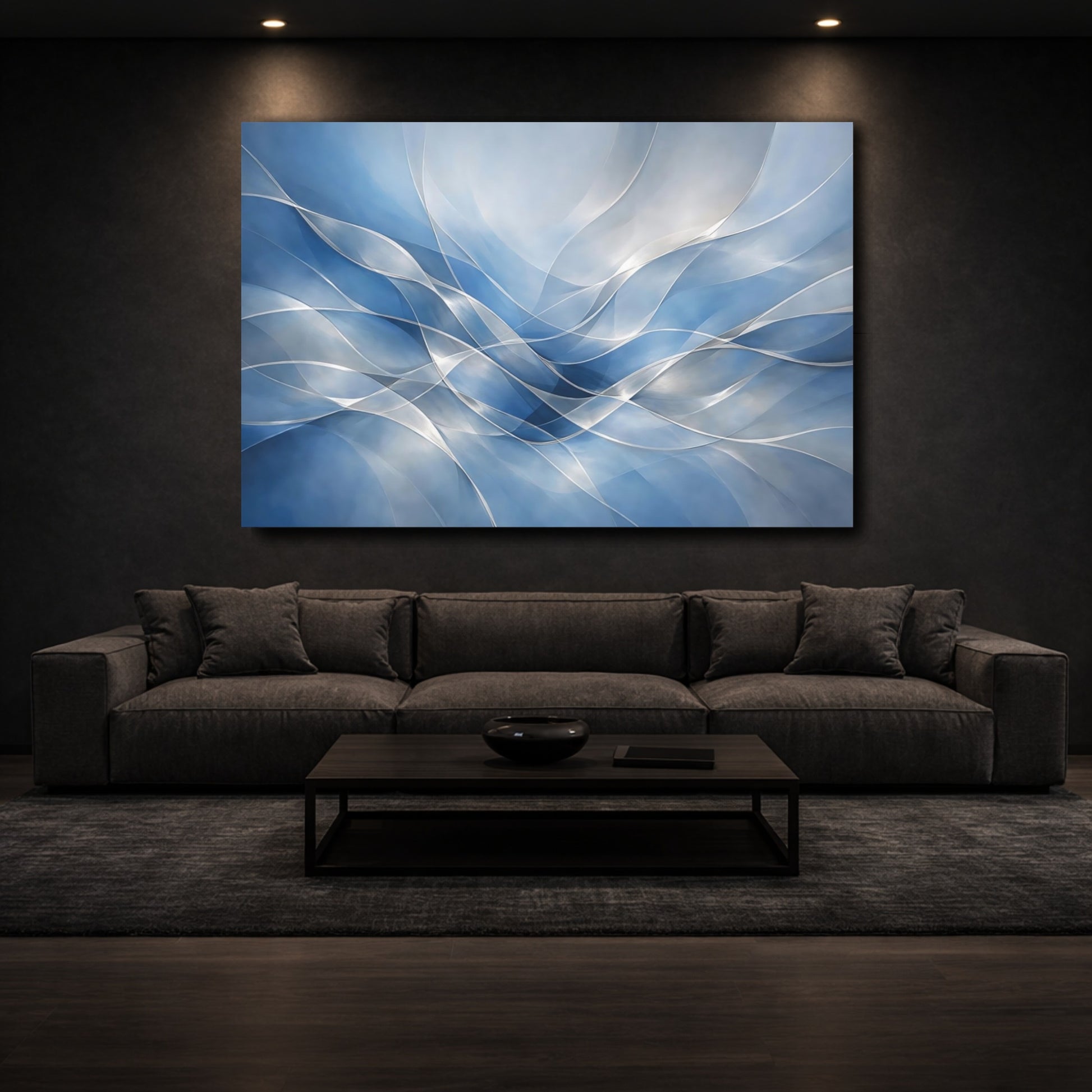 Mockup 2. Abstract Abstract Waves Blue Abstract Waves shown as stretched canvas wall art