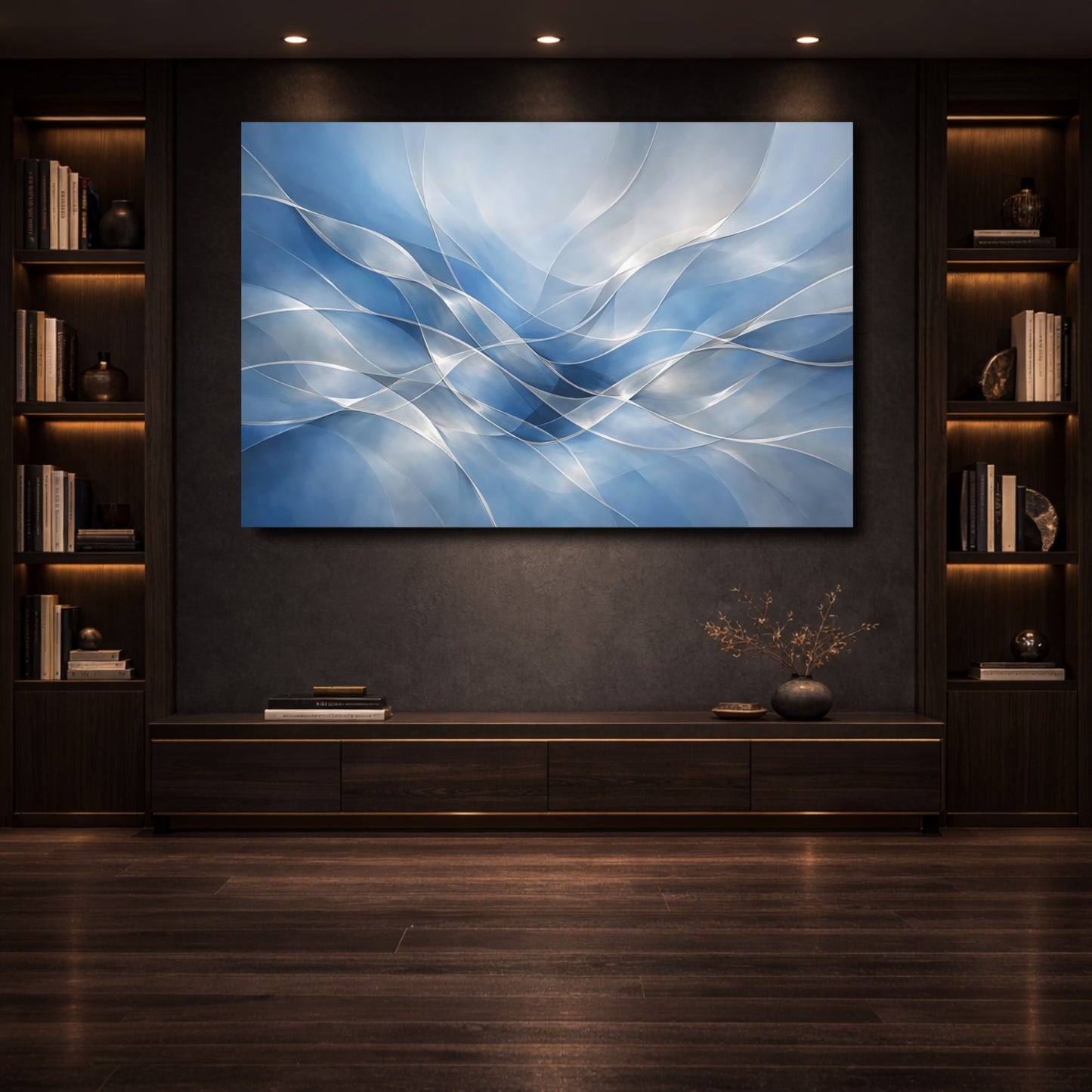 Mockup 3. Abstract Abstract Waves Blue Abstract Waves shown as stretched canvas wall art