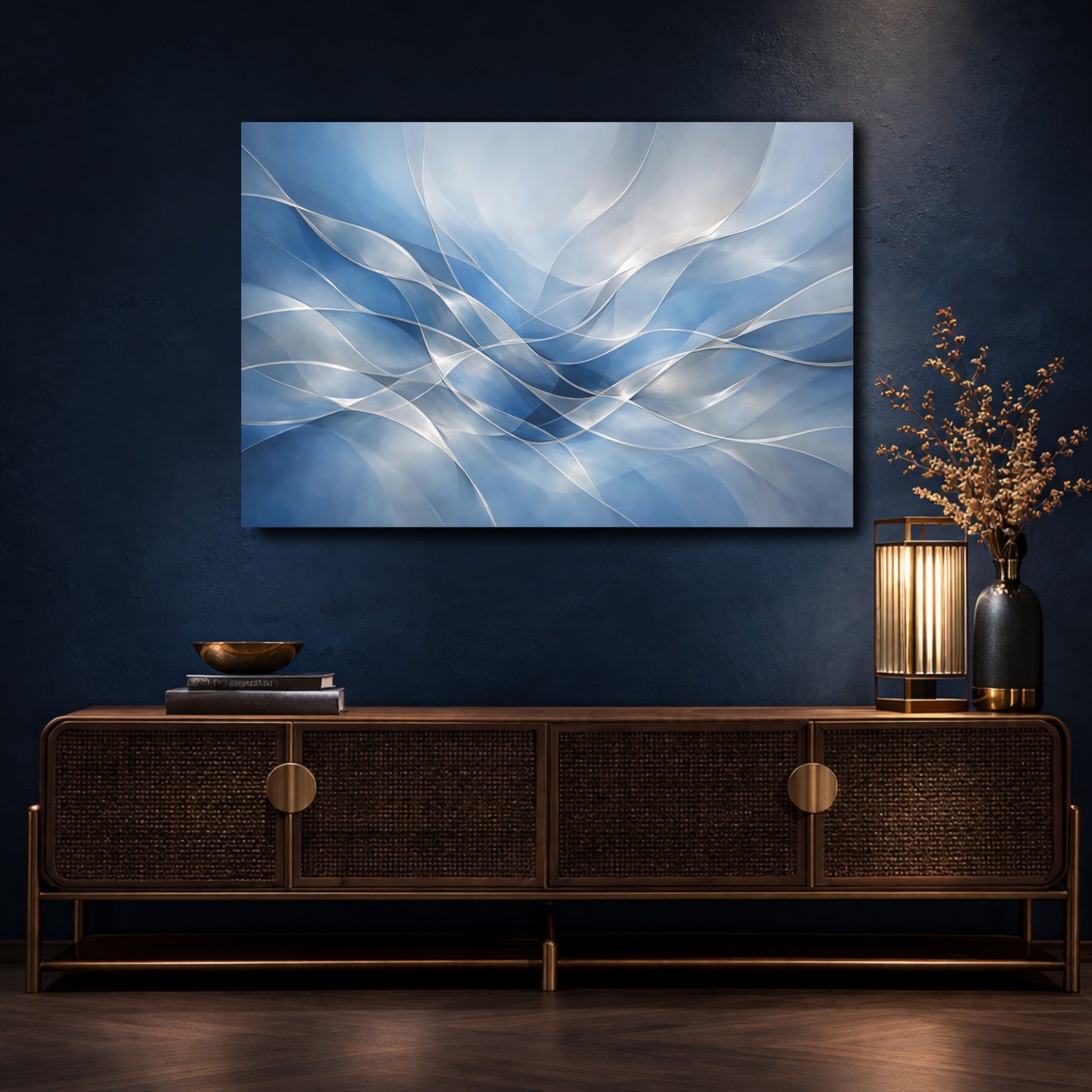 Mockup 4. Abstract Abstract Waves Blue Abstract Waves shown as stretched canvas wall art