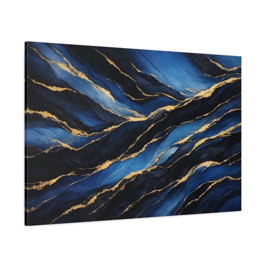 Main Mockup. Abstract Abstract Waves Blue And Gold Abstract shown as stretched canvas wall art