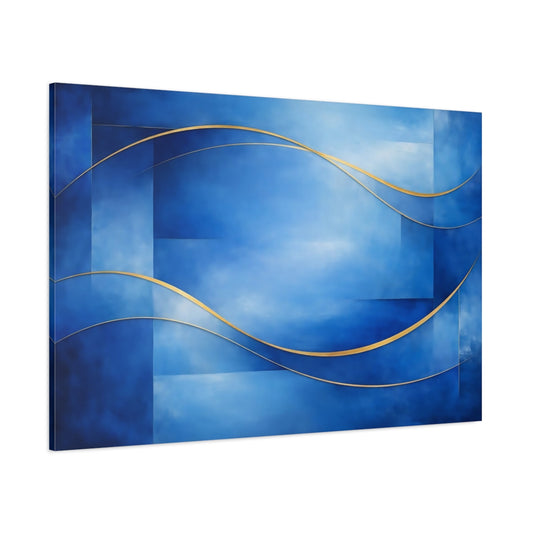 Main Mockup. Abstract Abstract Waves Blue And Gold Abstract shown as stretched canvas wall art