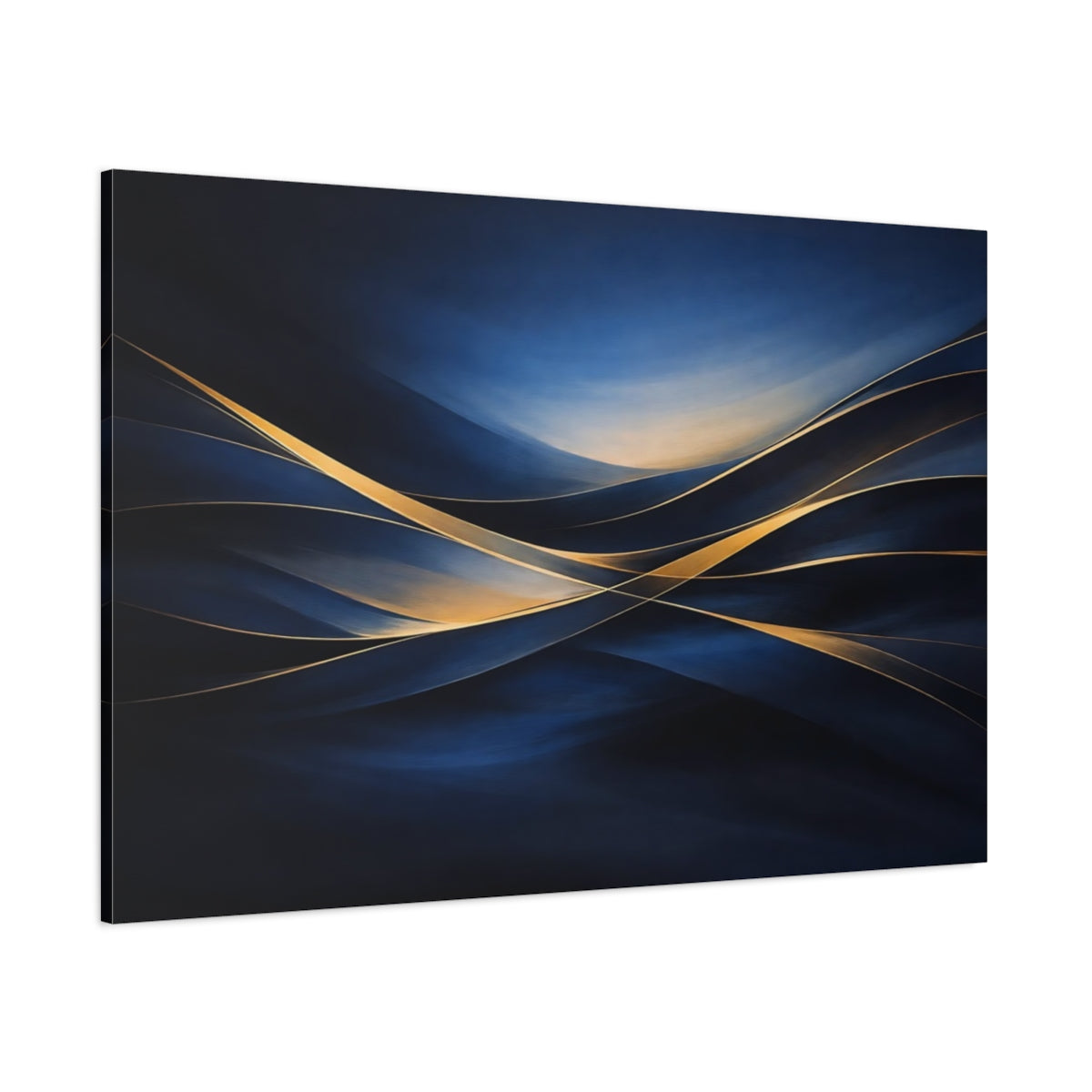 Main Mockup. Abstract Abstract Waves Blue And Gold Abstract shown as stretched canvas wall art