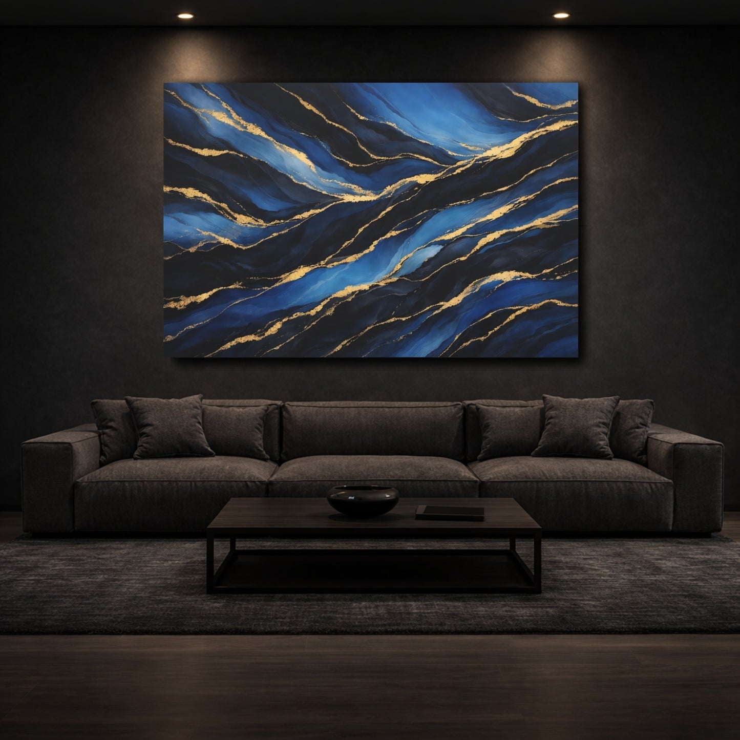 Mockup 2. Abstract Abstract Waves Blue And Gold Abstract shown as stretched canvas wall art