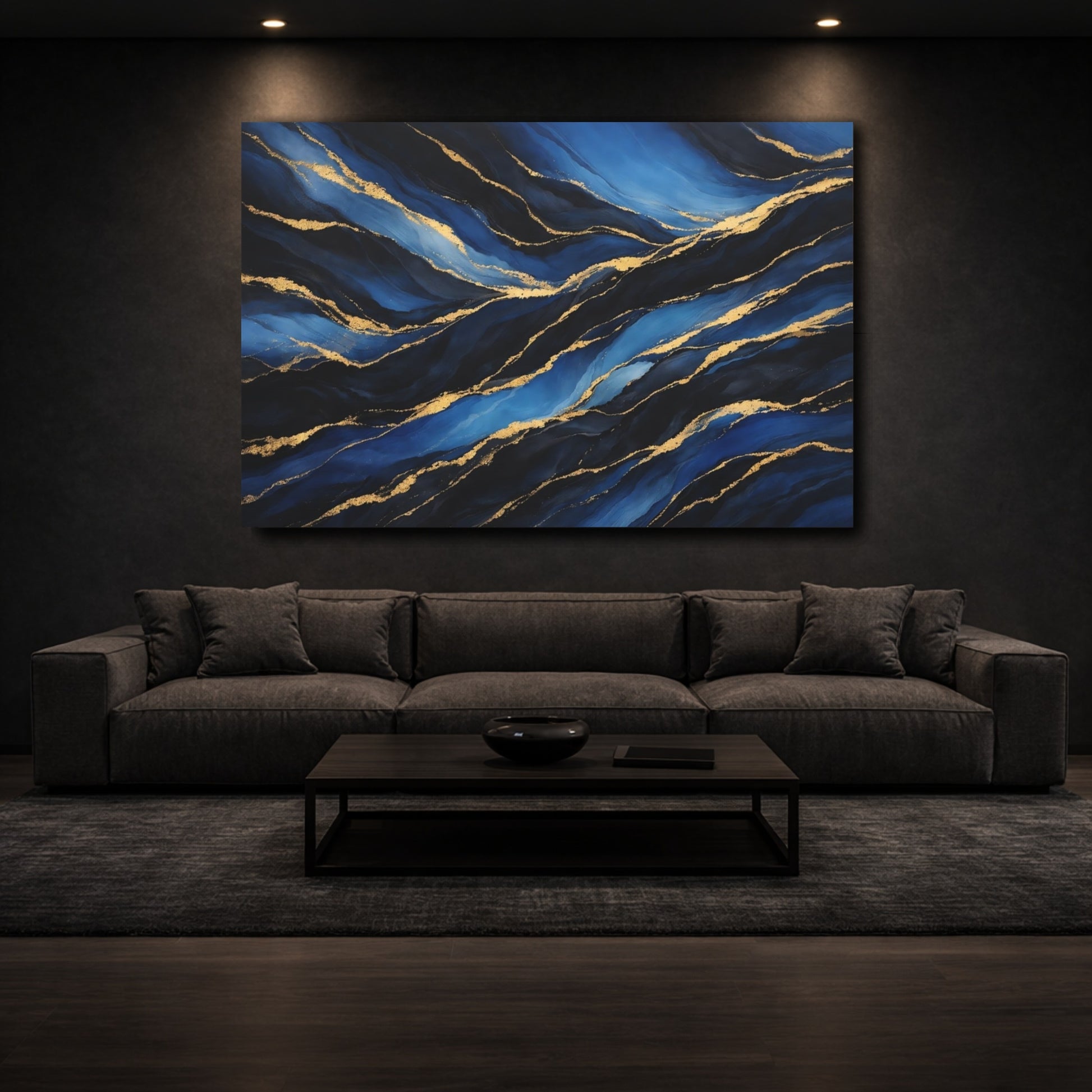 Mockup 2. Abstract Abstract Waves Blue And Gold Abstract shown as stretched canvas wall art
