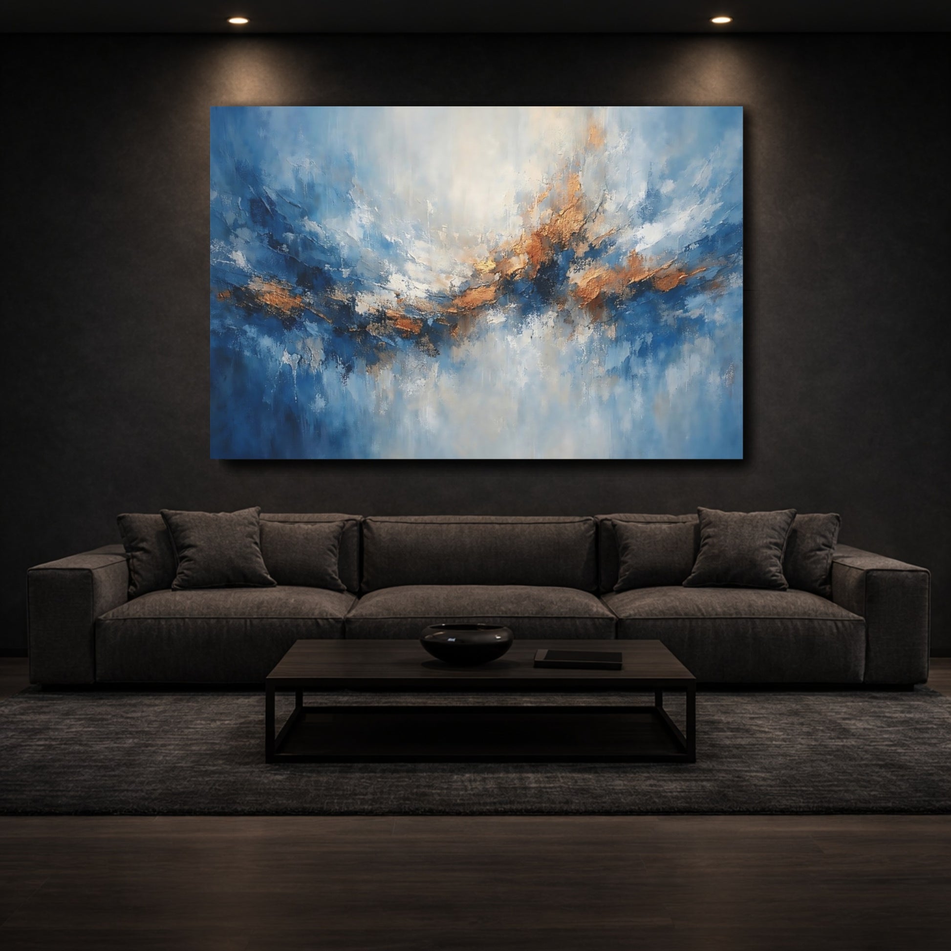 Mockup 2. Abstract Abstract Waves Blue And Gold Abstract shown as stretched canvas wall art