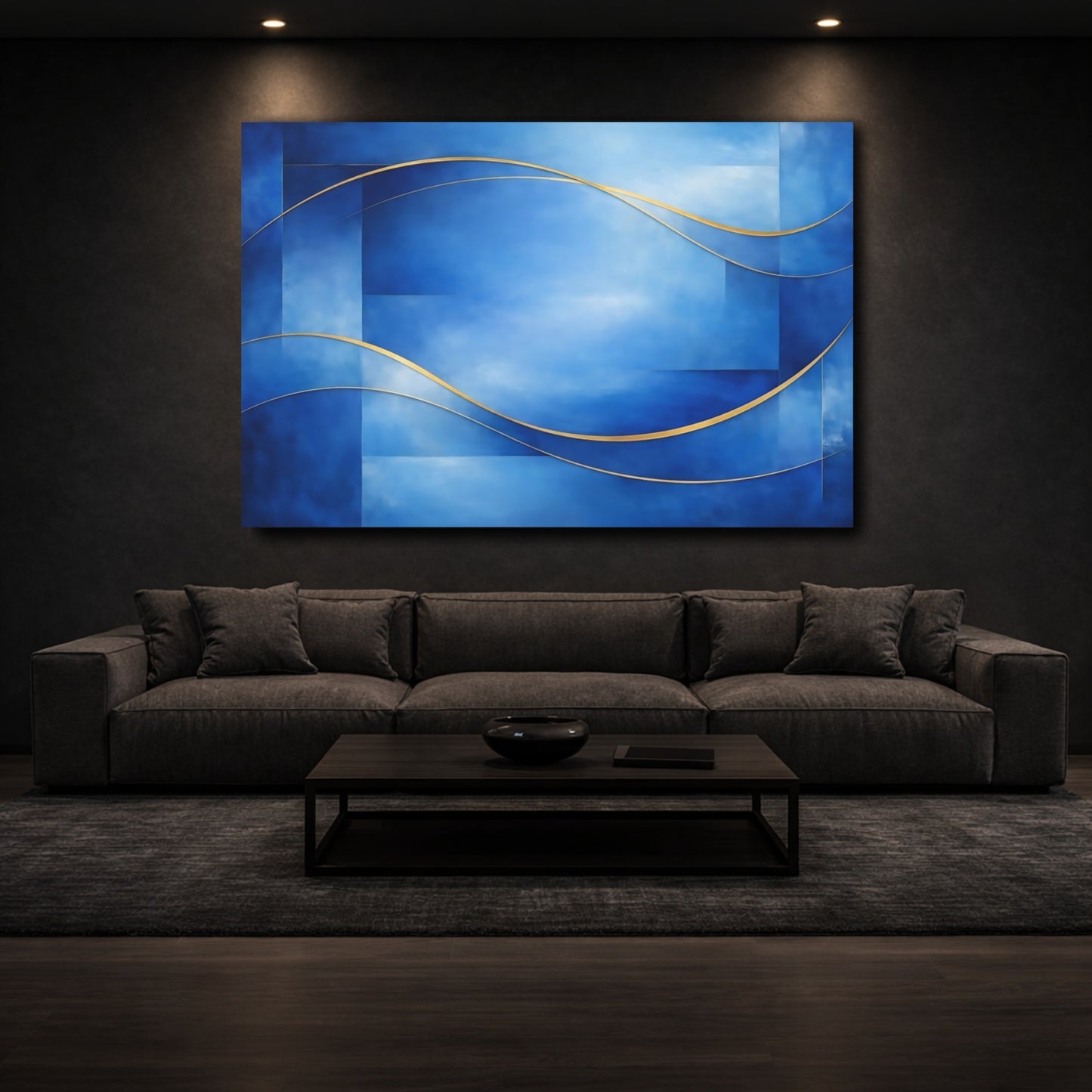 Mockup 2. Abstract Abstract Waves Blue And Gold Abstract shown as stretched canvas wall art