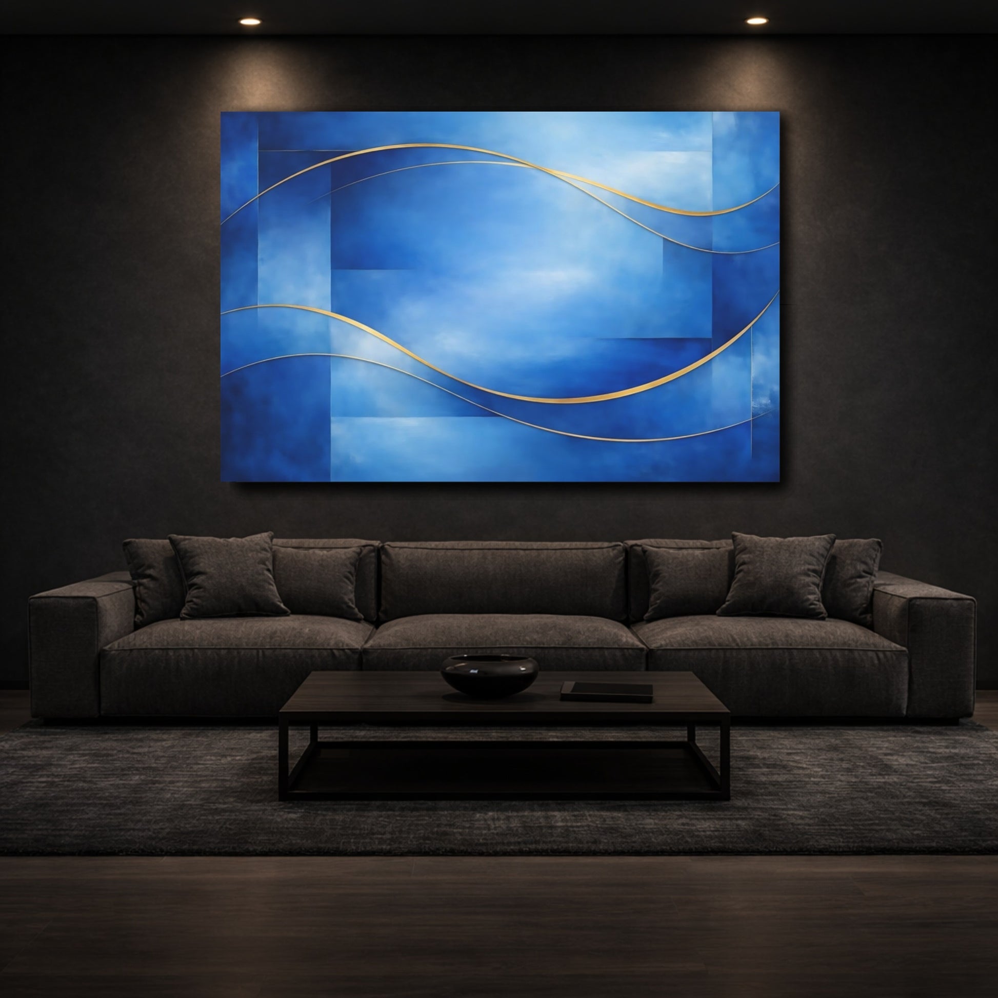 Mockup 2. Abstract Abstract Waves Blue And Gold Abstract shown as stretched canvas wall art