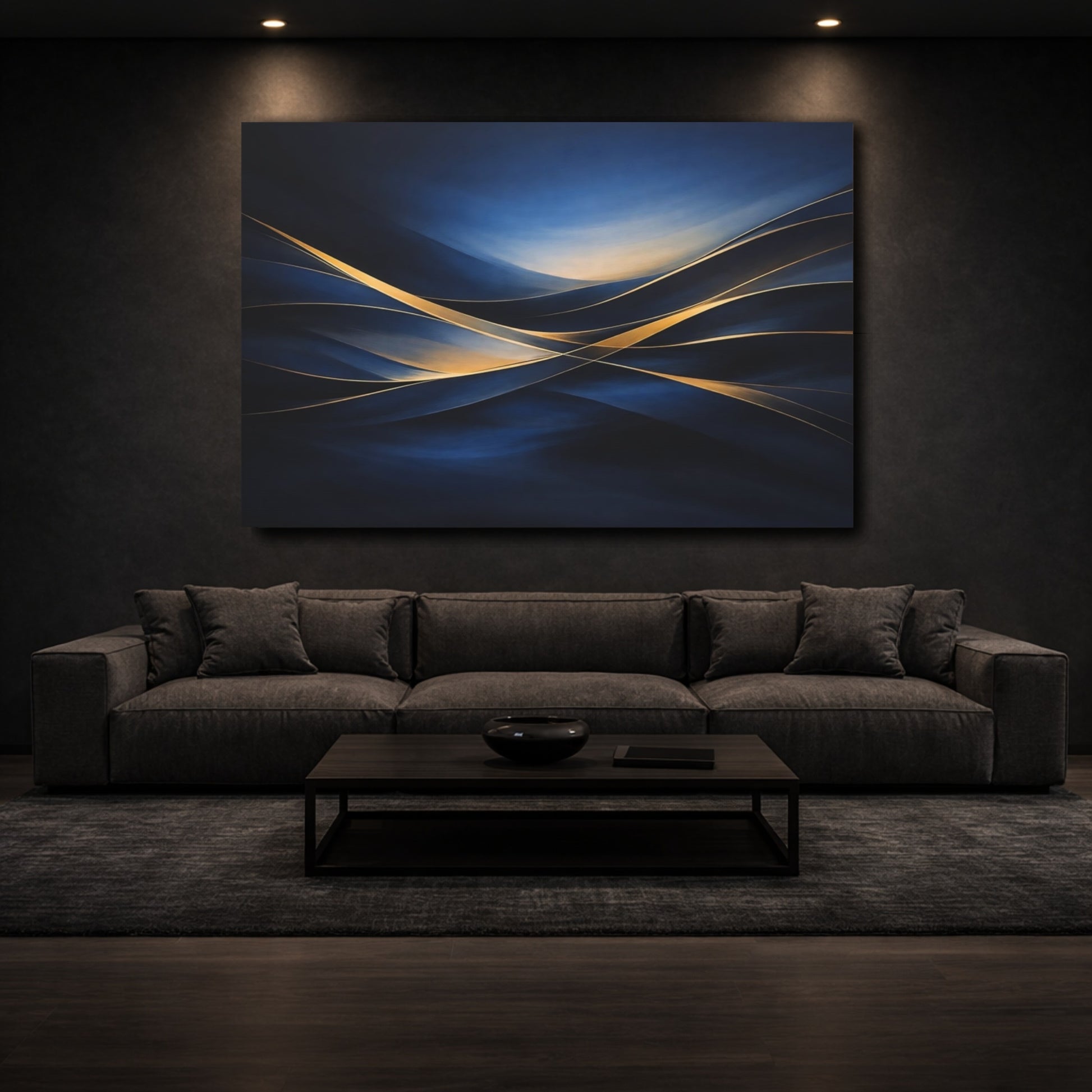Mockup 2. Abstract Abstract Waves Blue And Gold Abstract shown as stretched canvas wall art