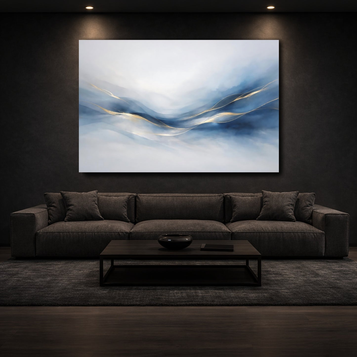 Mockup 2. Abstract Abstract Waves Blue And Gold Abstract shown as stretched canvas wall art