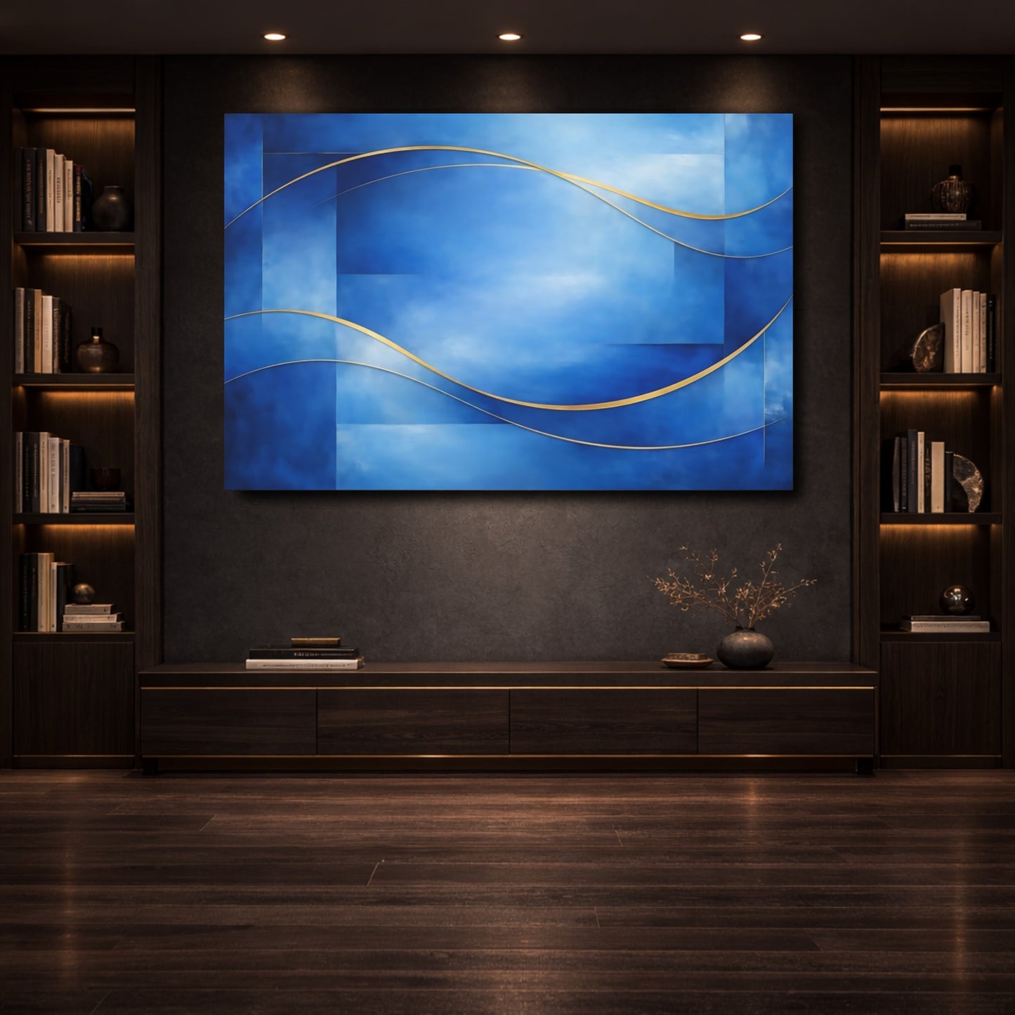 Mockup 3. Abstract Abstract Waves Blue And Gold Abstract shown as stretched canvas wall art