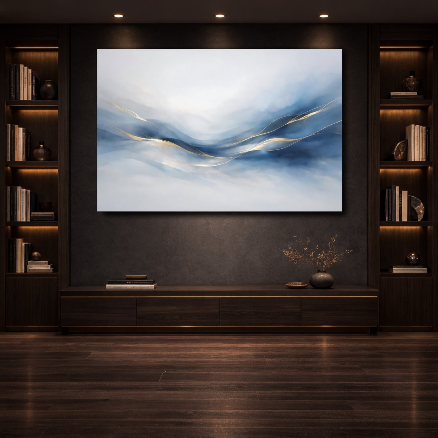 Mockup 3. Abstract Abstract Waves Blue And Gold Abstract shown as stretched canvas wall art