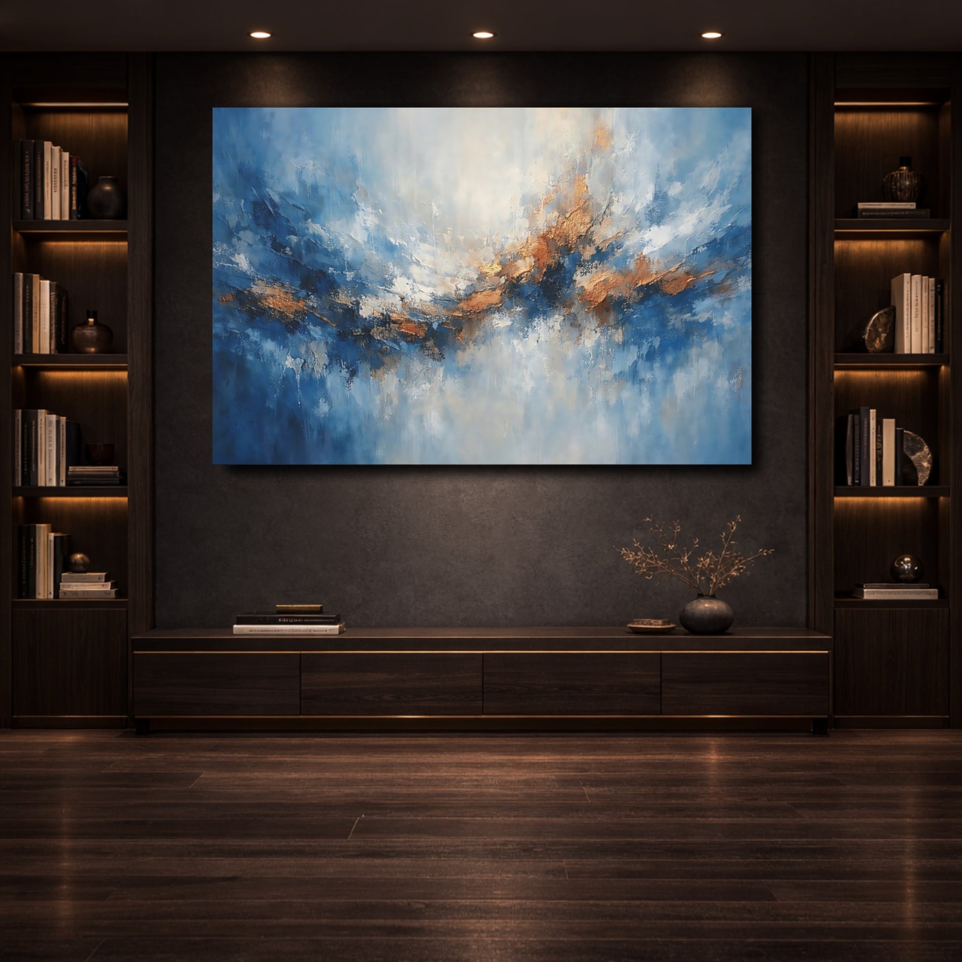 Mockup 3. Abstract Abstract Waves Blue And Gold Abstract shown as stretched canvas wall art