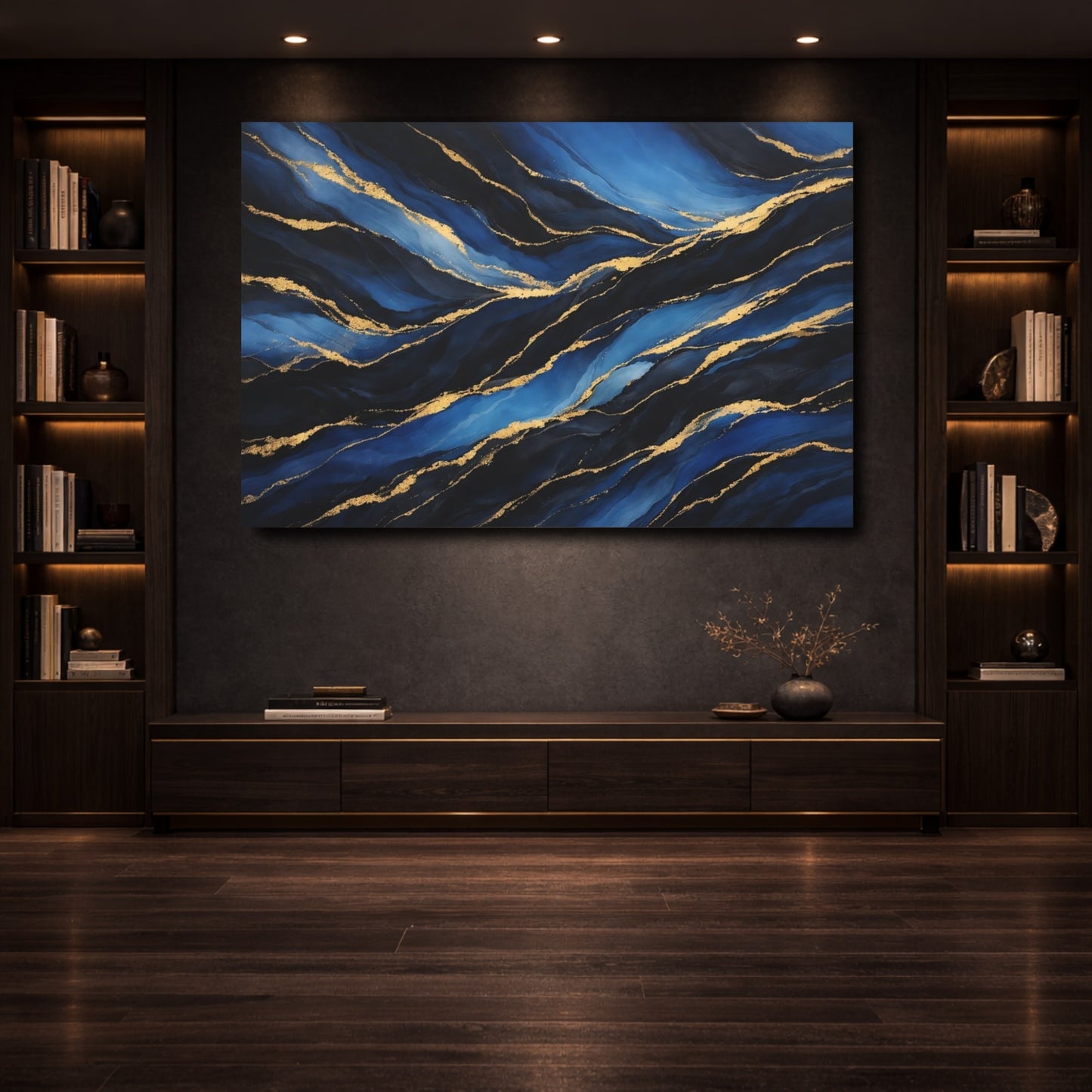 Mockup 3. Abstract Abstract Waves Blue And Gold Abstract shown as stretched canvas wall art