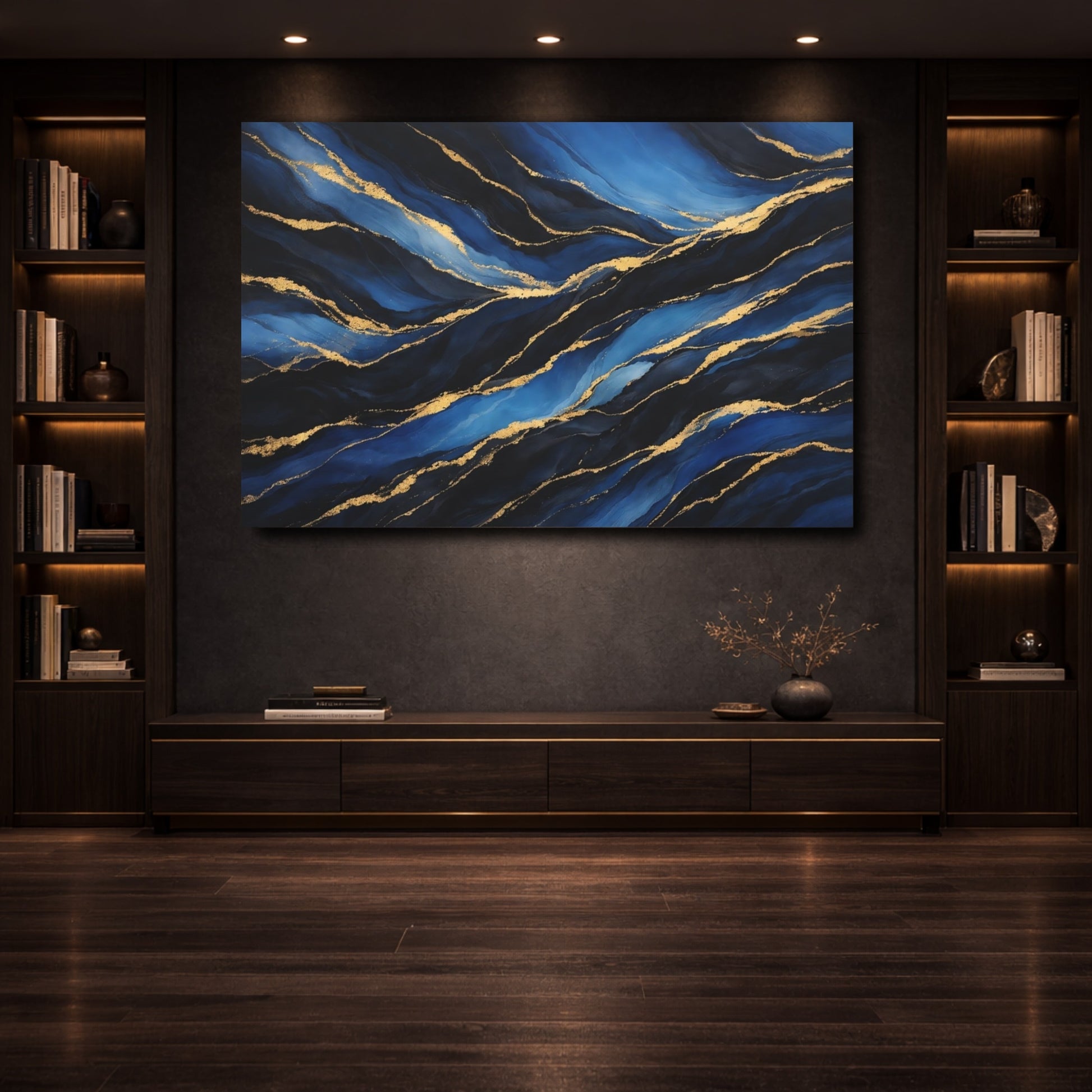 Mockup 3. Abstract Abstract Waves Blue And Gold Abstract shown as stretched canvas wall art