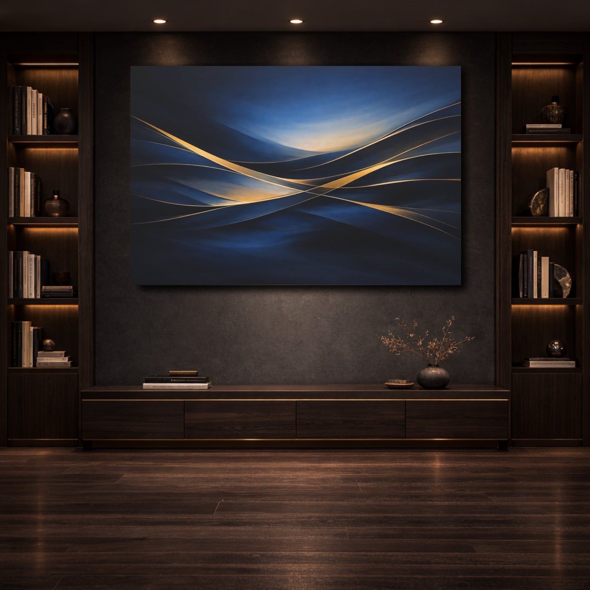 Mockup 3. Abstract Abstract Waves Blue And Gold Abstract shown as stretched canvas wall art