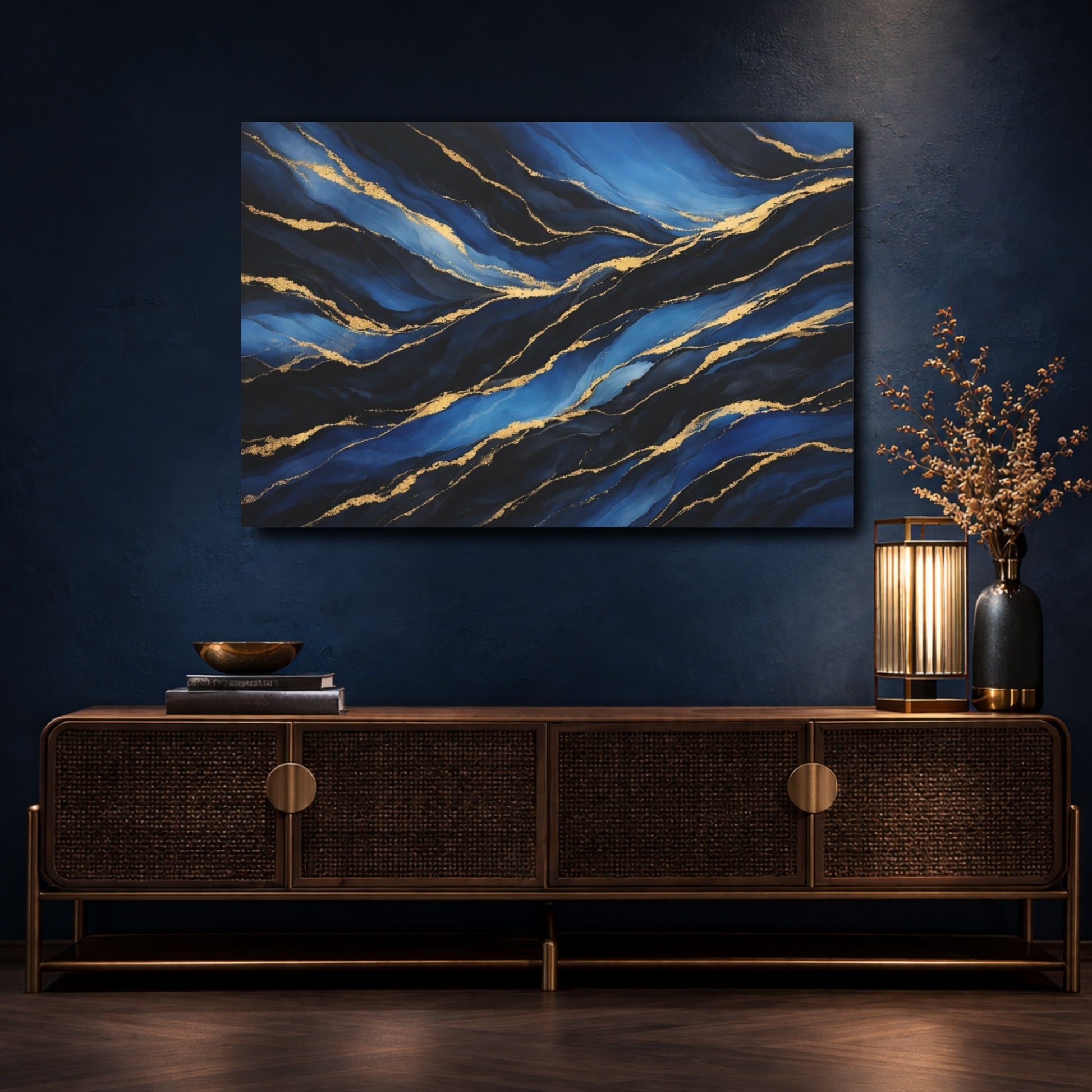 Mockup 4. Abstract Abstract Waves Blue And Gold Abstract shown as stretched canvas wall art