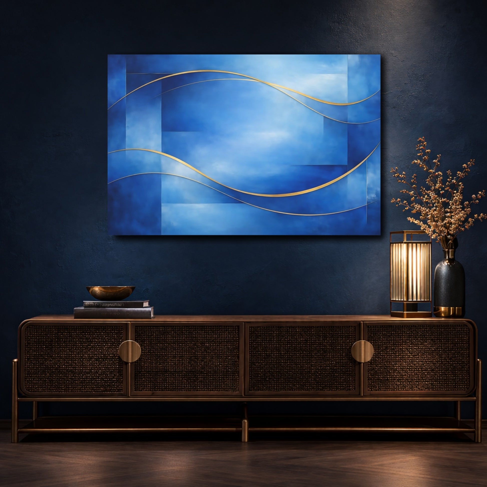 Mockup 4. Abstract Abstract Waves Blue And Gold Abstract shown as stretched canvas wall art
