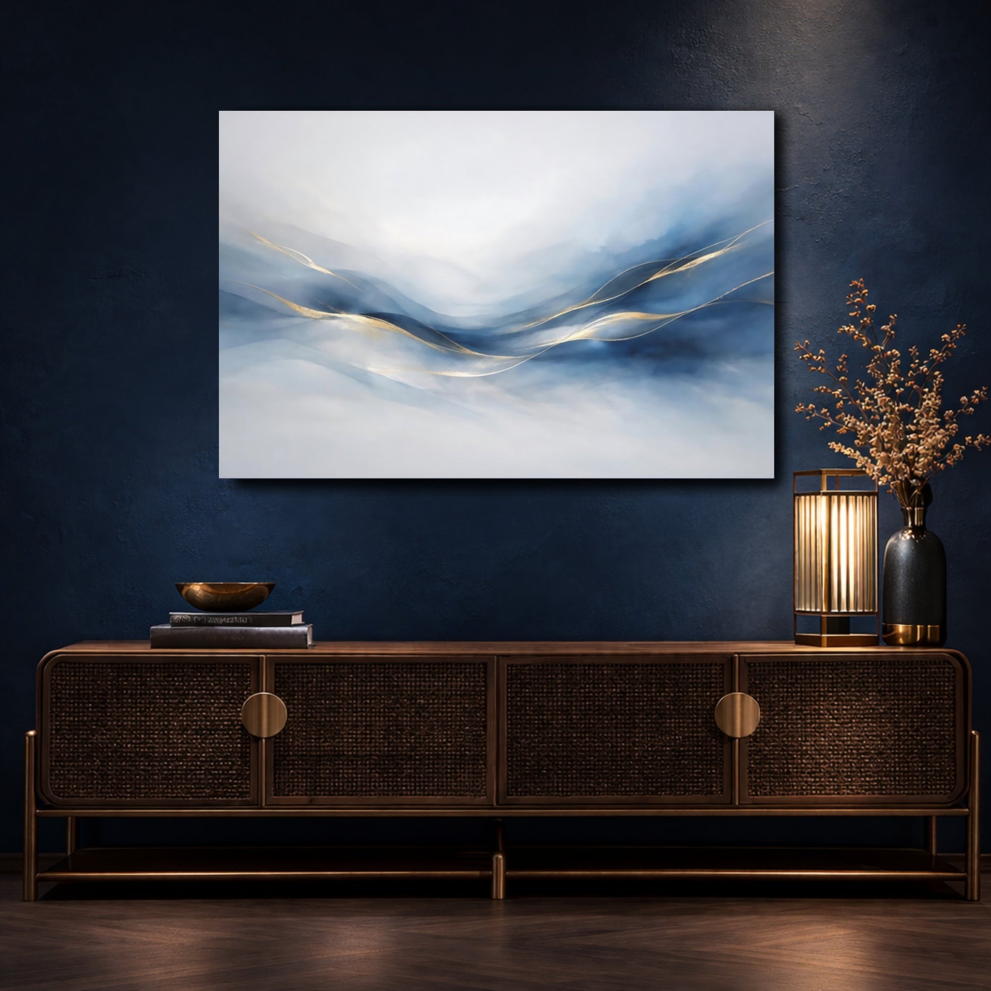 Mockup 4. Abstract Abstract Waves Blue And Gold Abstract shown as stretched canvas wall art