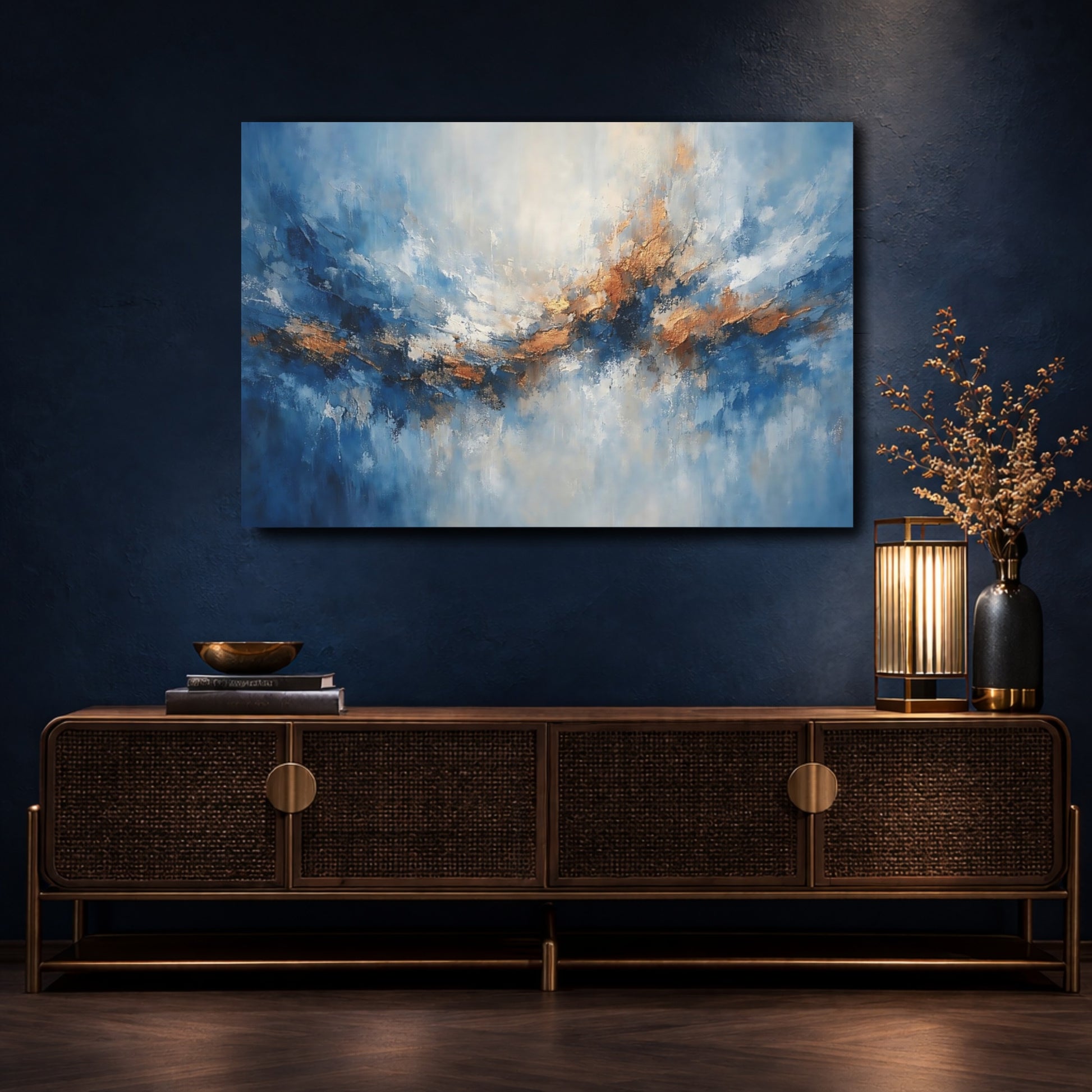 Mockup 4. Abstract Abstract Waves Blue And Gold Abstract shown as stretched canvas wall art