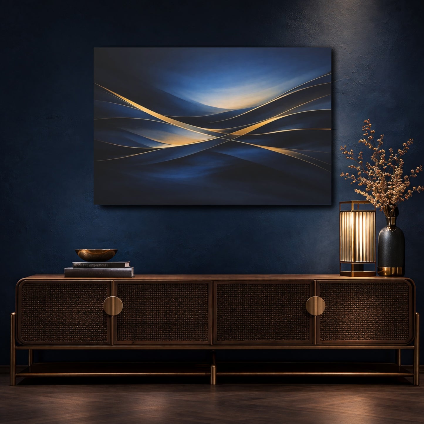 Mockup 4. Abstract Abstract Waves Blue And Gold Abstract shown as stretched canvas wall art
