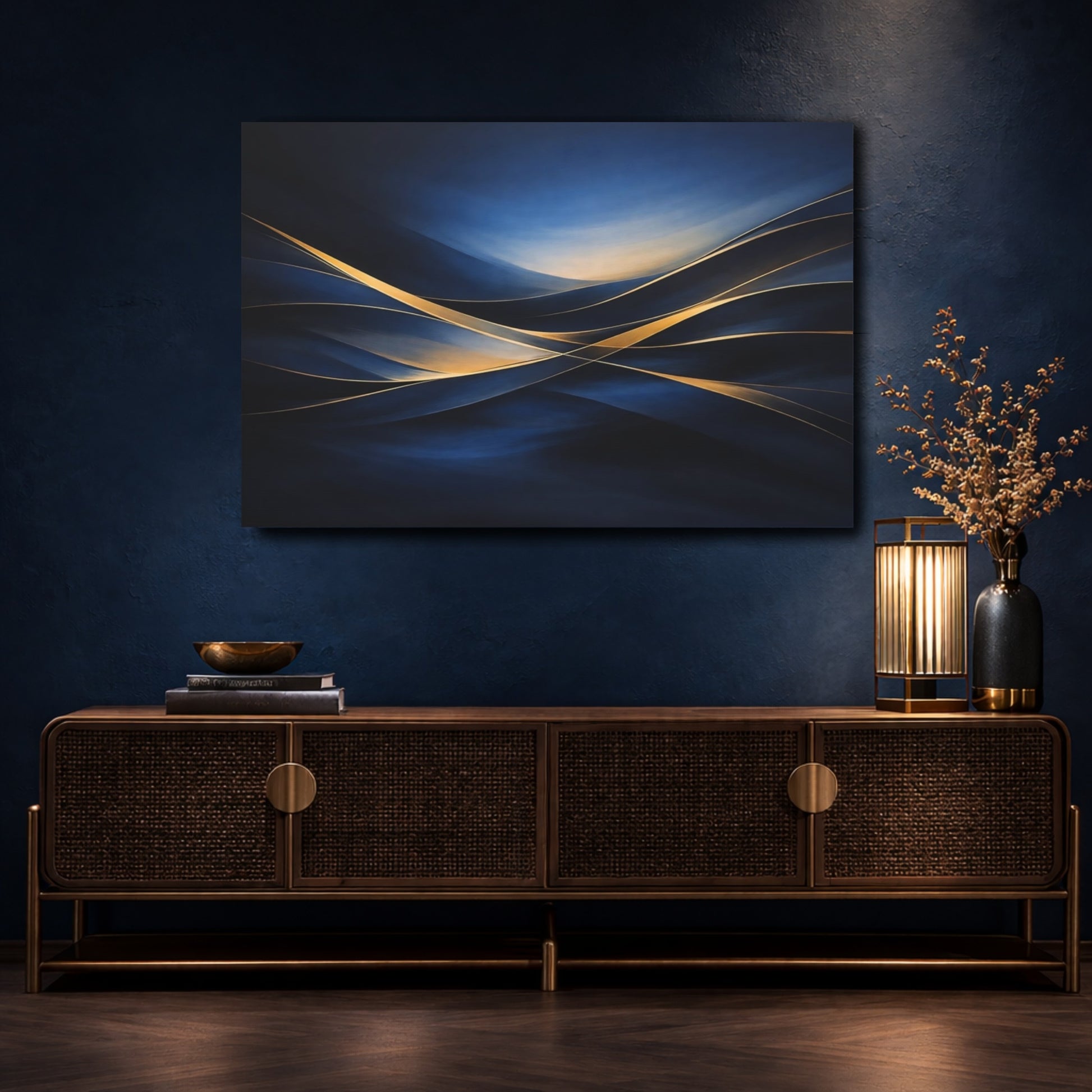 Mockup 4. Abstract Abstract Waves Blue And Gold Abstract shown as stretched canvas wall art