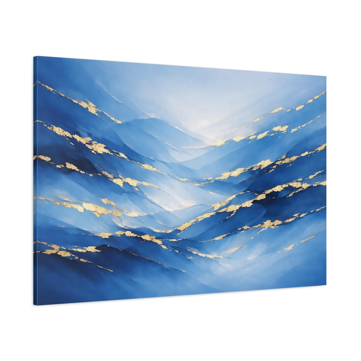 Main Mockup. Abstract Abstract Waves Blue And Gold shown as stretched canvas wall art