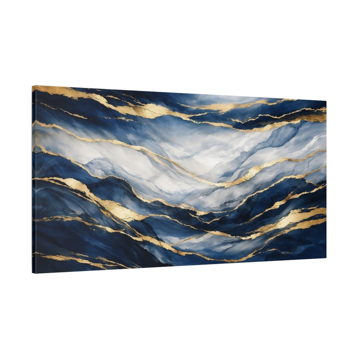 Main Mockup. Abstract Abstract Waves Blue And Gold shown as stretched canvas wall art