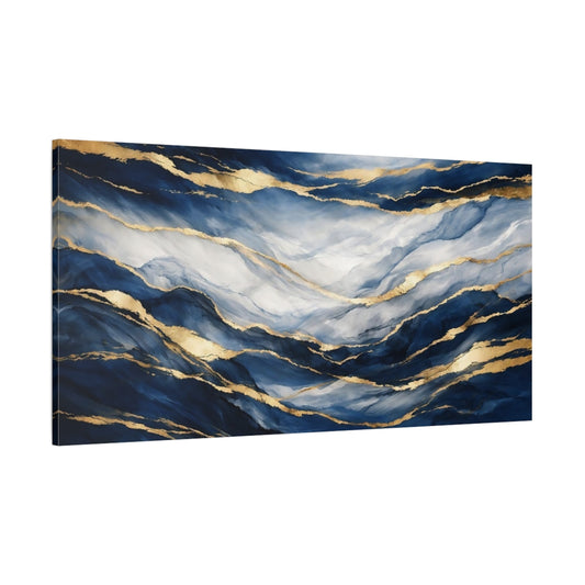 Main Mockup. Abstract Abstract Waves Blue And Gold shown as stretched canvas wall art
