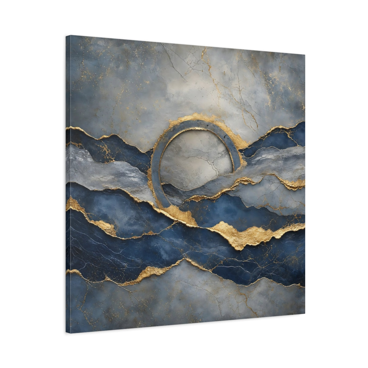 Main Mockup. Abstract Abstract Waves Blue And Gold shown as stretched canvas wall art