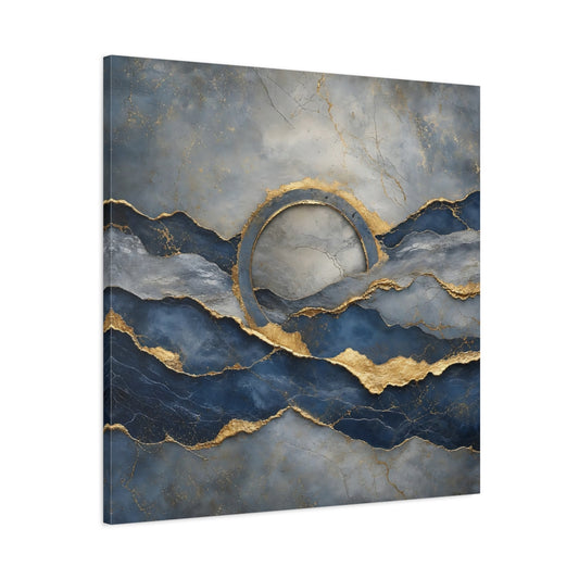 Main Mockup. Abstract Abstract Waves Blue And Gold shown as stretched canvas wall art