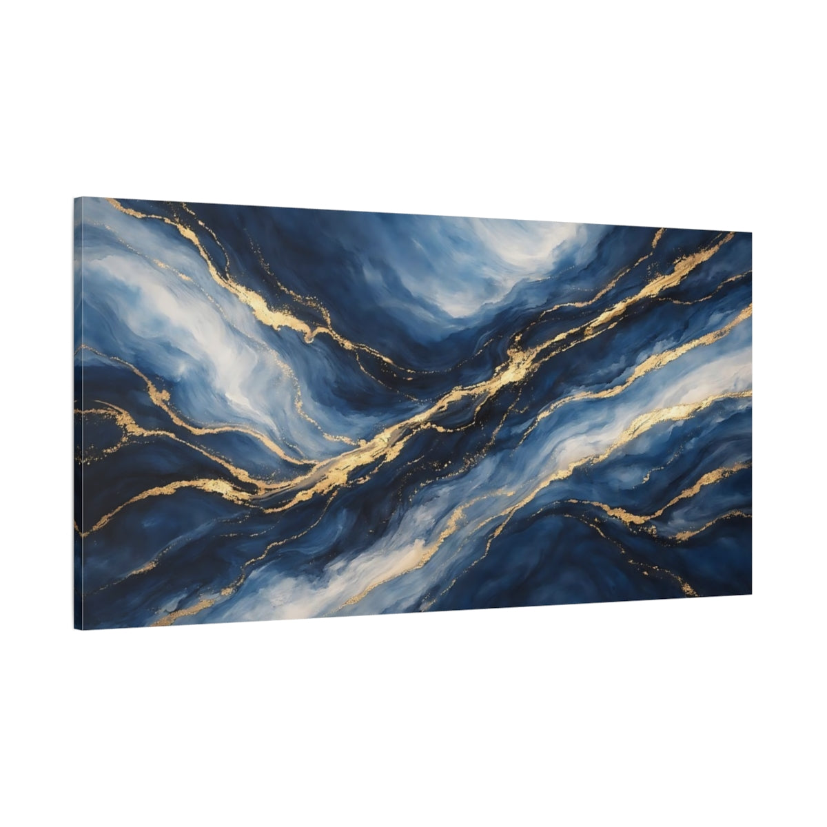 Main Mockup. Abstract Abstract Waves Blue And Gold shown as stretched canvas wall art